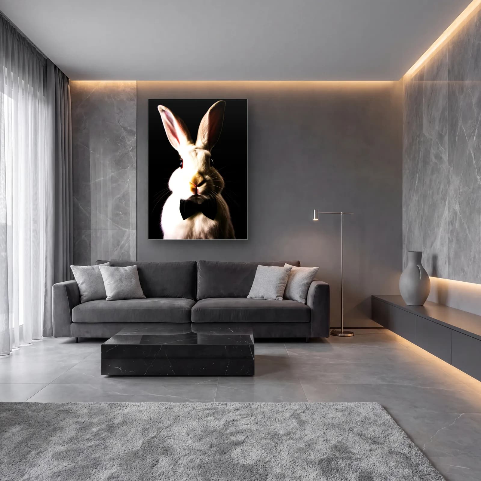 Papyonlu Beyaz Tavşan cam tablo — lüks salon duvarında