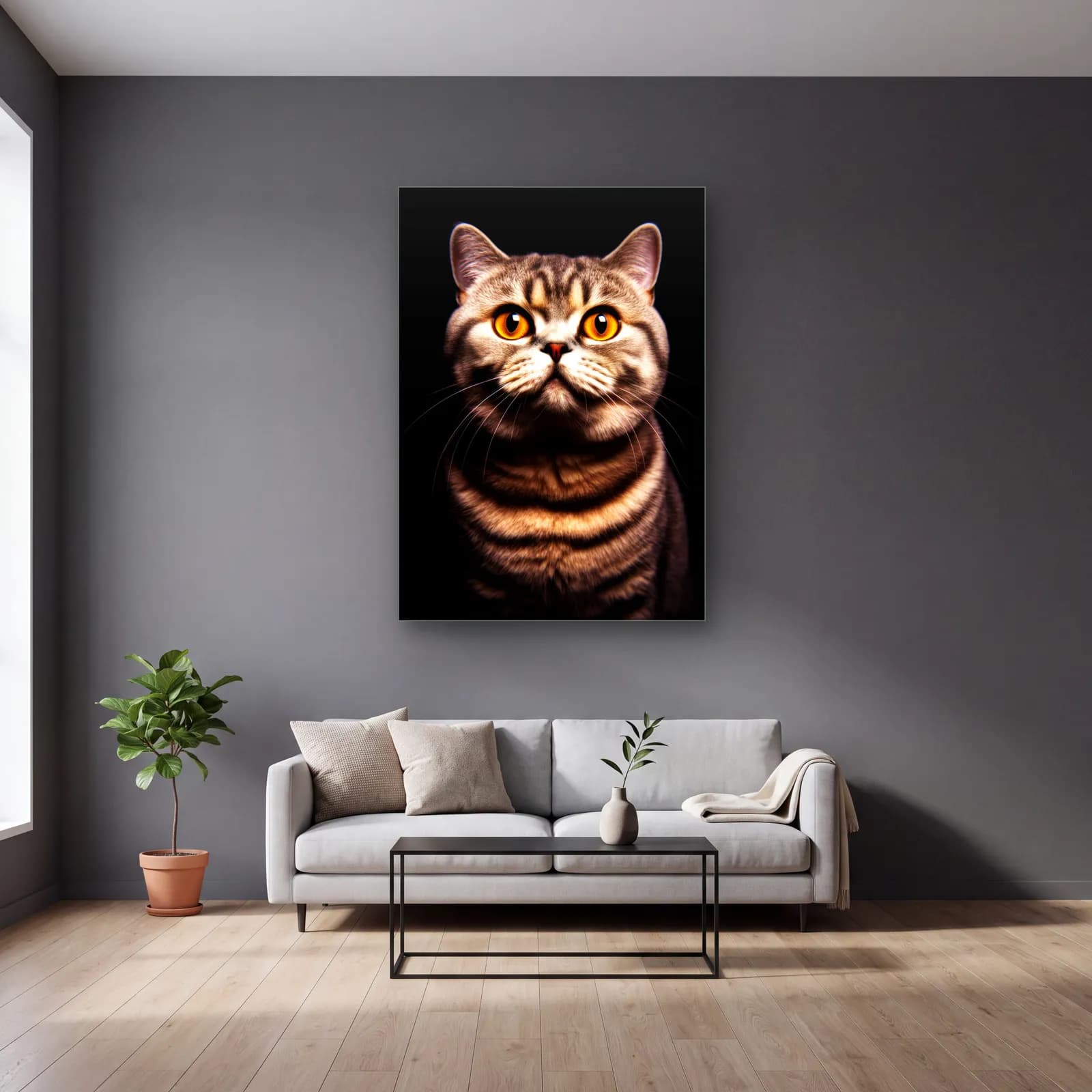 British Shorthair Tekir Kedi cam tablo — gri duvarlı salonda