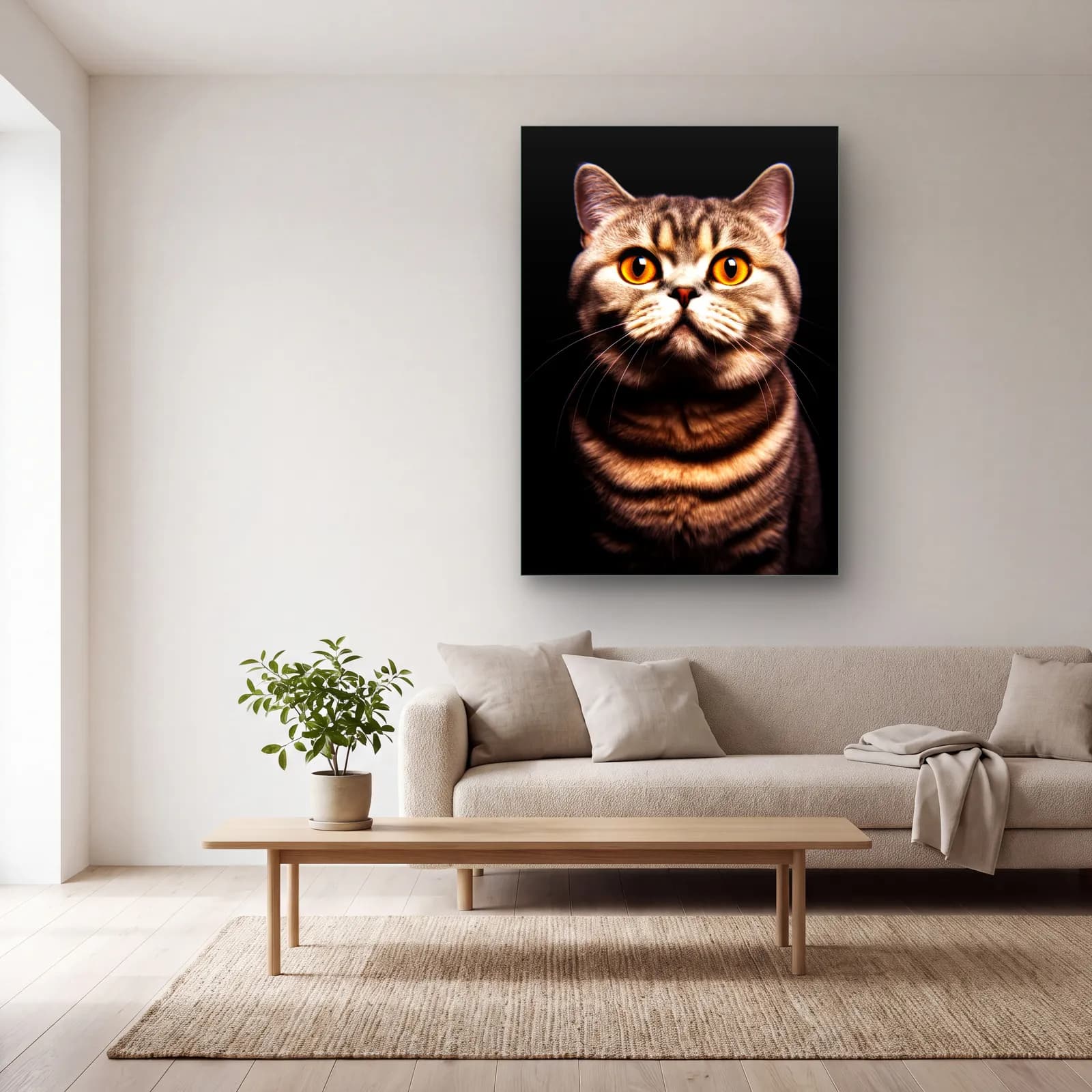 British Shorthair Tekir Kedi cam tablo — açık renk salonda