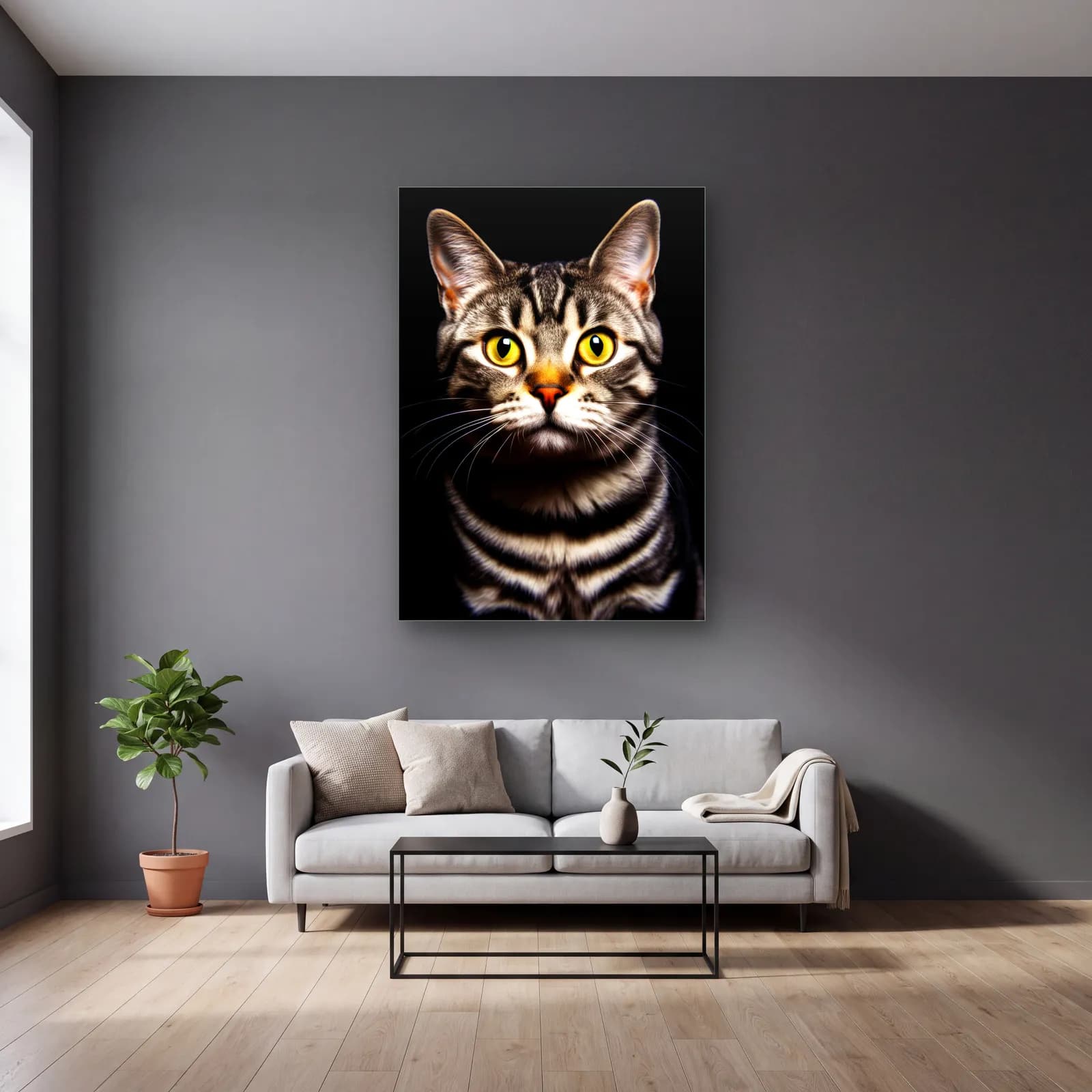 Yeşil Gözlü Tekir Kedi cam tablo — gri duvarlı salonda