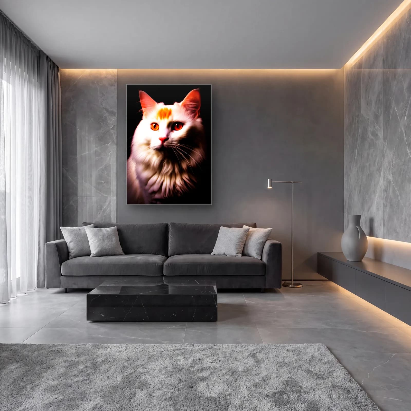 Beyaz Tüylü Kedi Portresi cam tablo — lüks salon duvarında