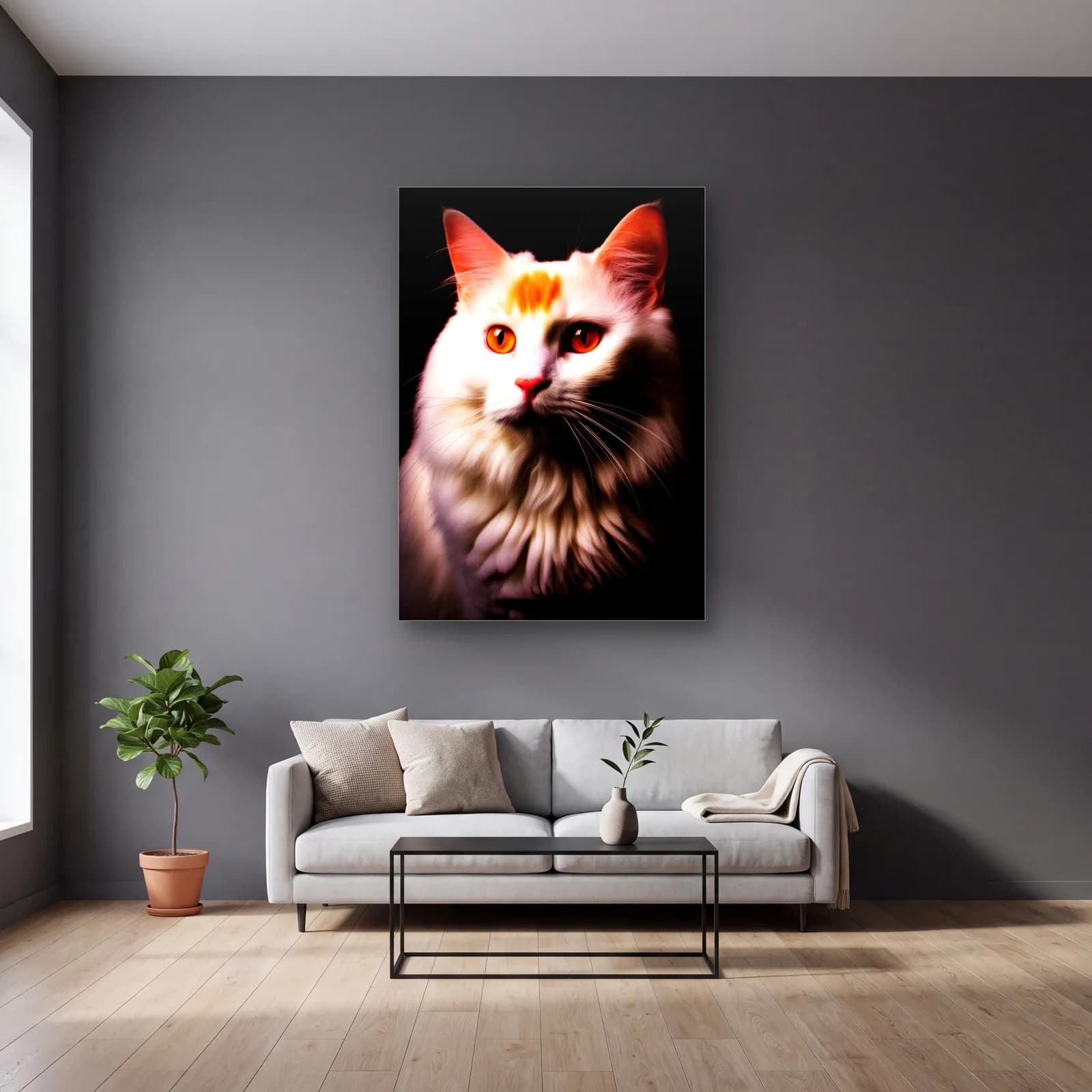 Beyaz Tüylü Kedi Portresi cam tablo — gri duvarlı salonda