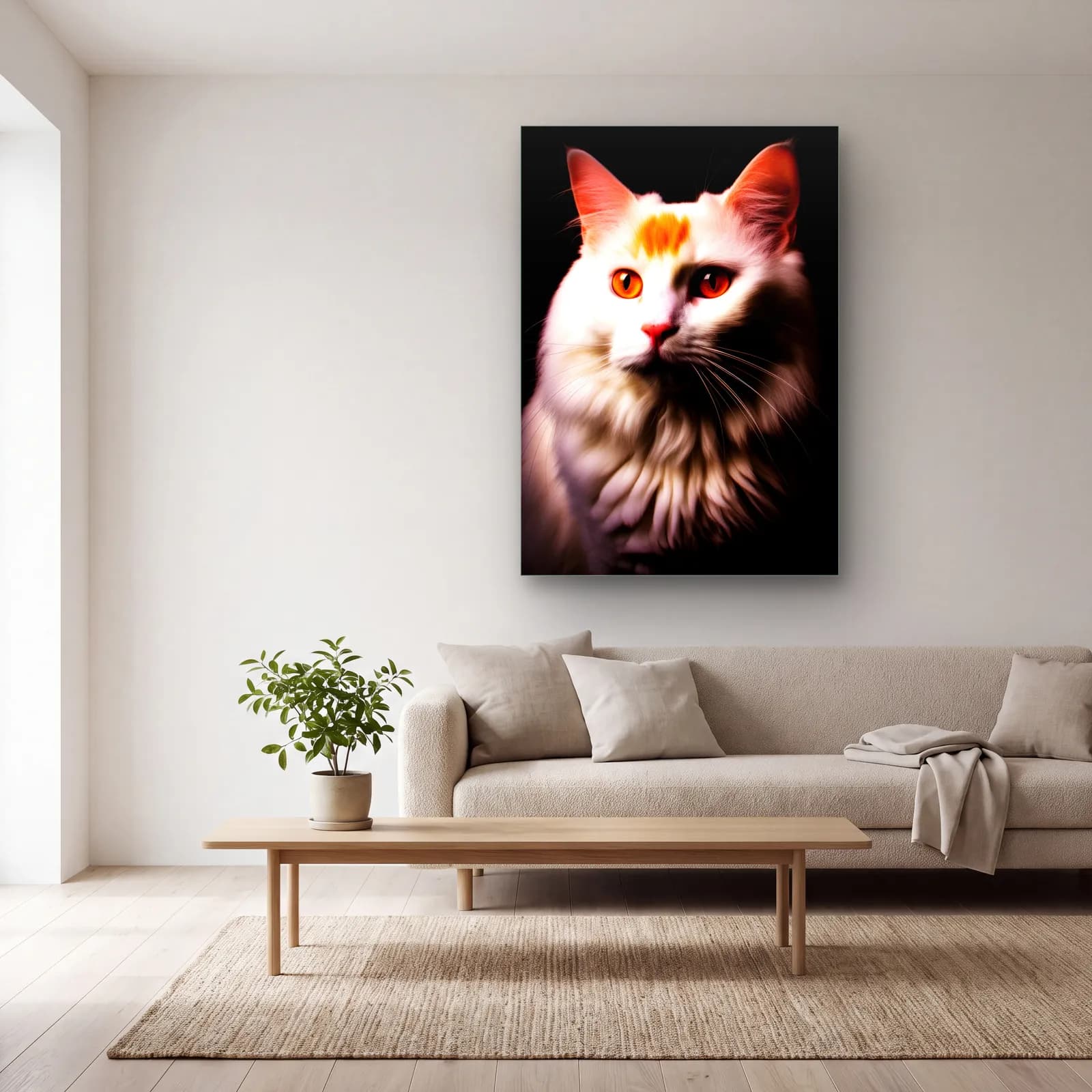 Beyaz Tüylü Kedi Portresi cam tablo — açık renk salonda
