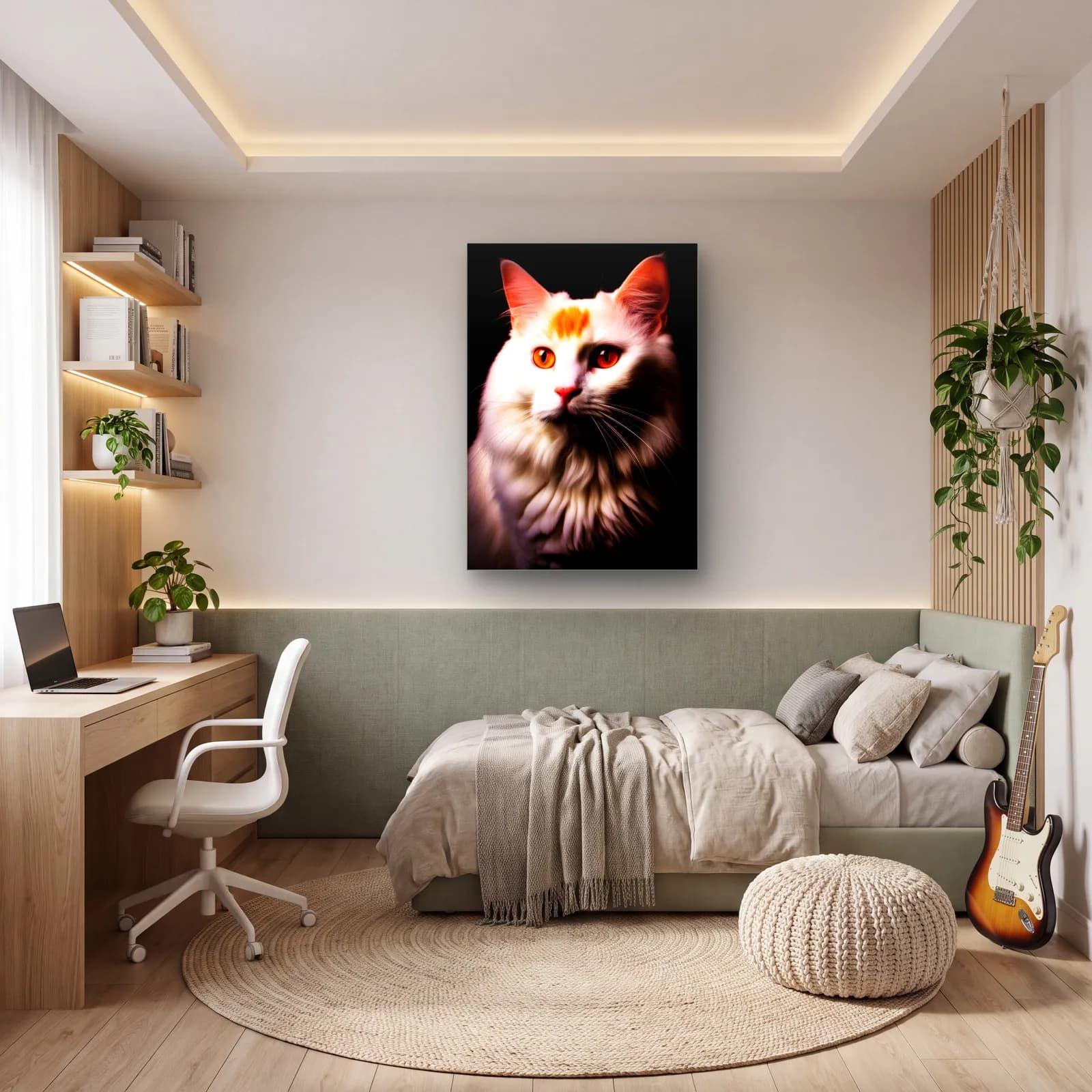 Beyaz Tüylü Kedi Portresi cam tablo — genç odasında