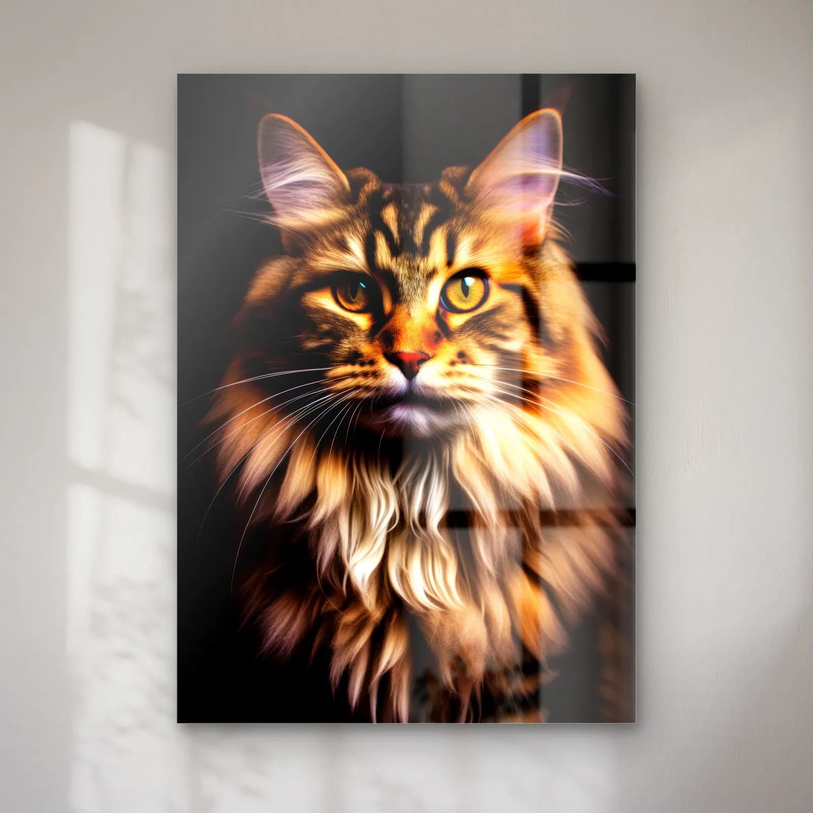 Maine Coon Kedi Portresi cam tablo — Siyah fonda gür yeleli, çizgili kahverengi Maine Coon kedi portresi