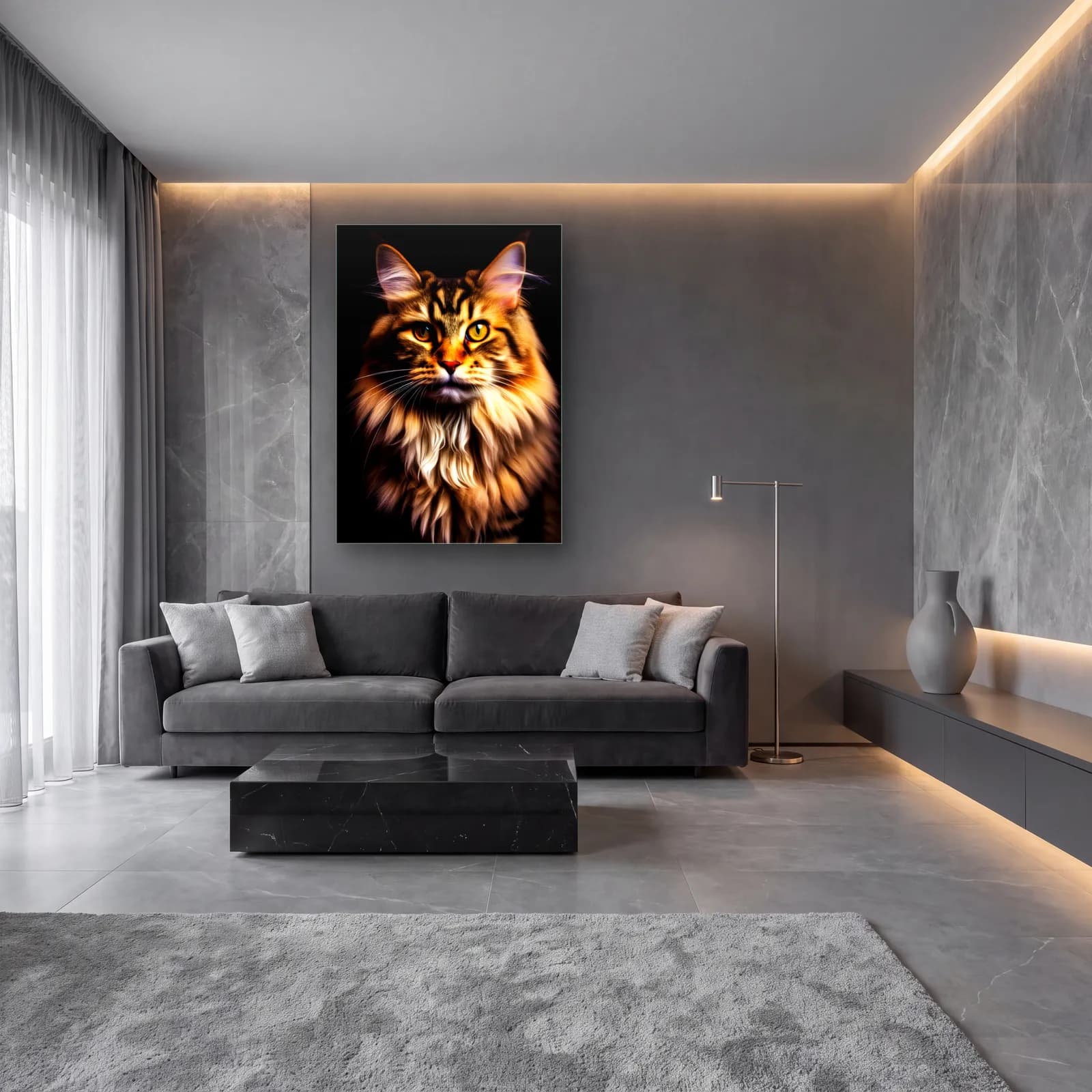 Maine Coon Kedi Portresi cam tablo — lüks salon duvarında