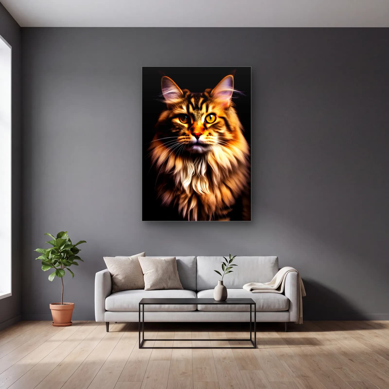 Maine Coon Kedi Portresi cam tablo — gri duvarlı salonda