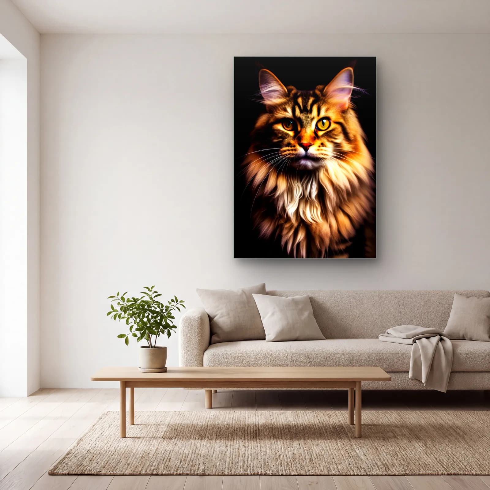 Maine Coon Kedi Portresi cam tablo — açık renk salonda