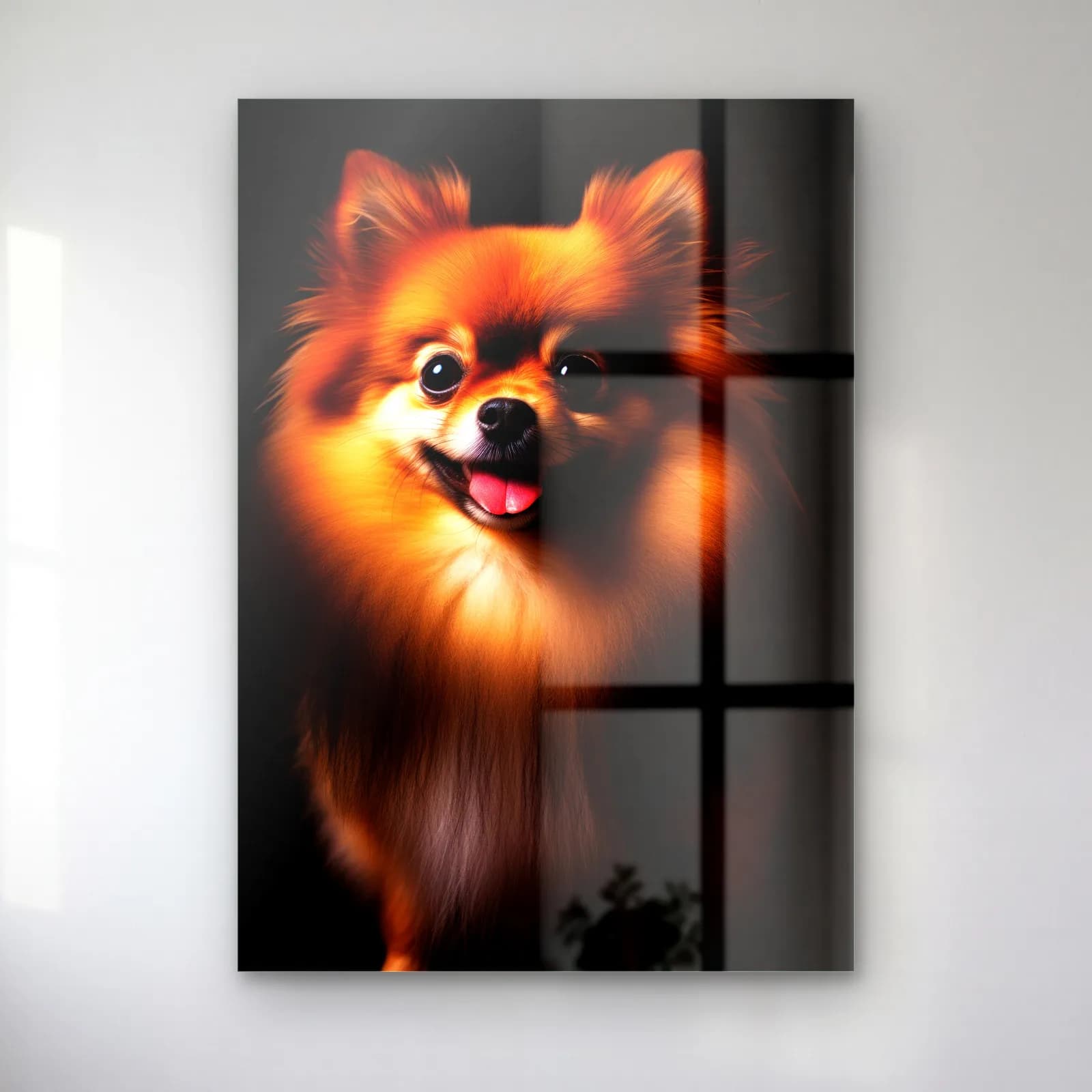 Pomeranian Köpek Portresi cam tablo — Siyah fonda dilini çıkarmış gülümseyen turuncu tüylü Pomeranian köpek