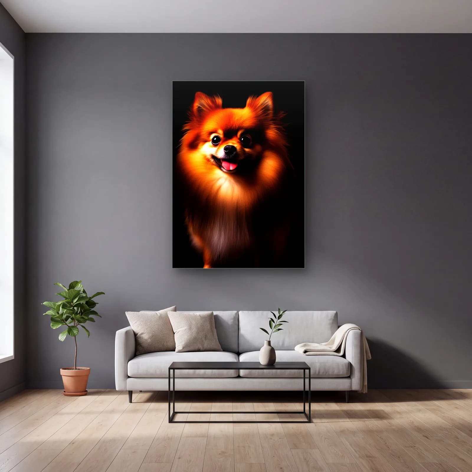 Pomeranian Köpek Portresi cam tablo — gri duvarlı salonda