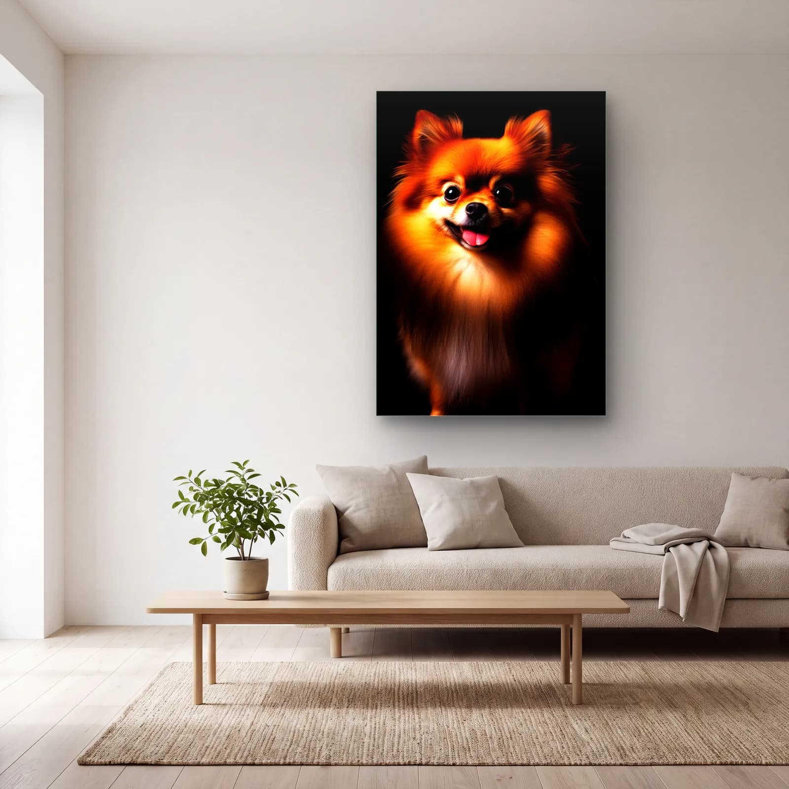 Pomeranian Köpek Portresi cam tablo — açık renk salonda