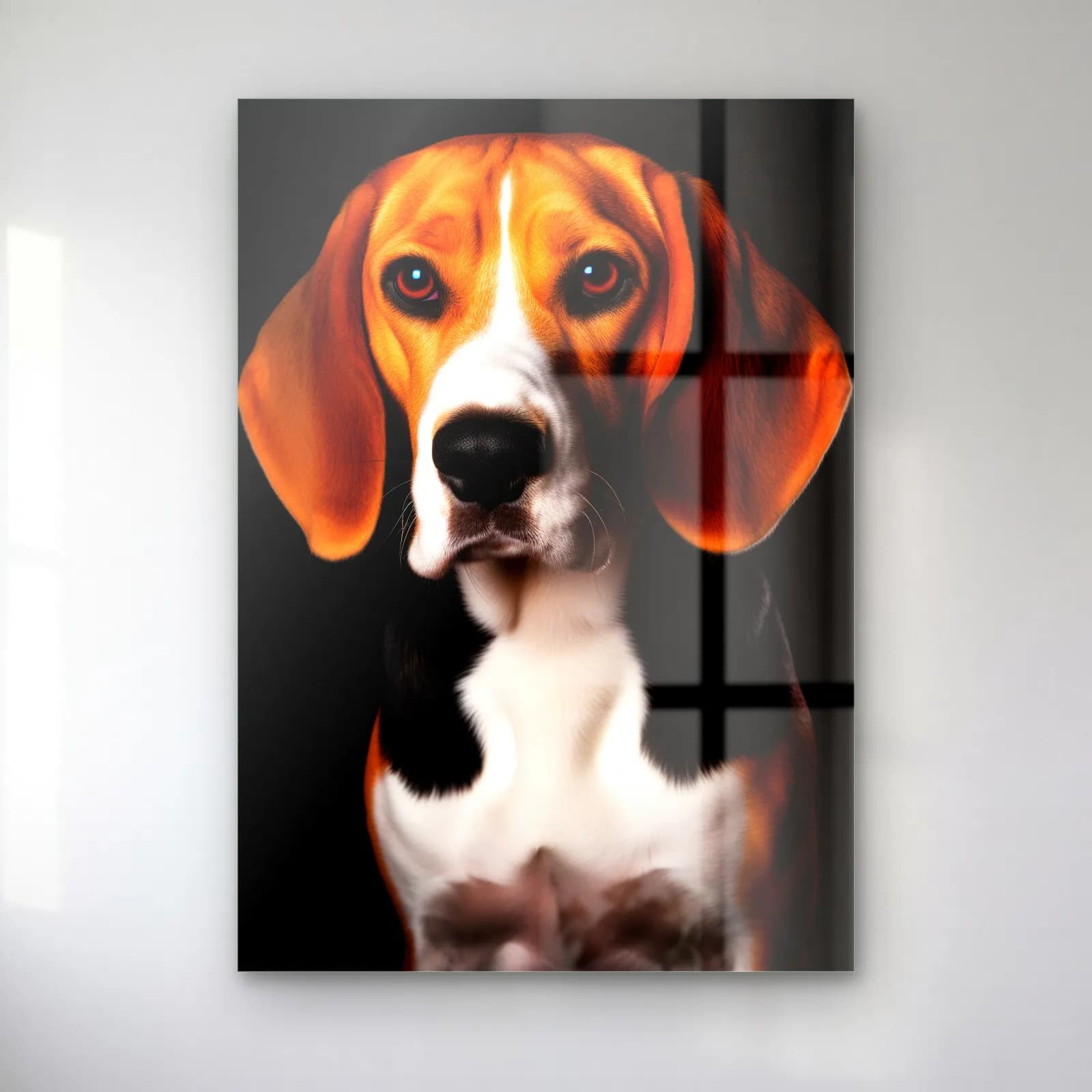 Beagle Köpek Portresi cam tablo — Siyah fonda sarkık kulaklı, üç renkli Beagle köpek portresi