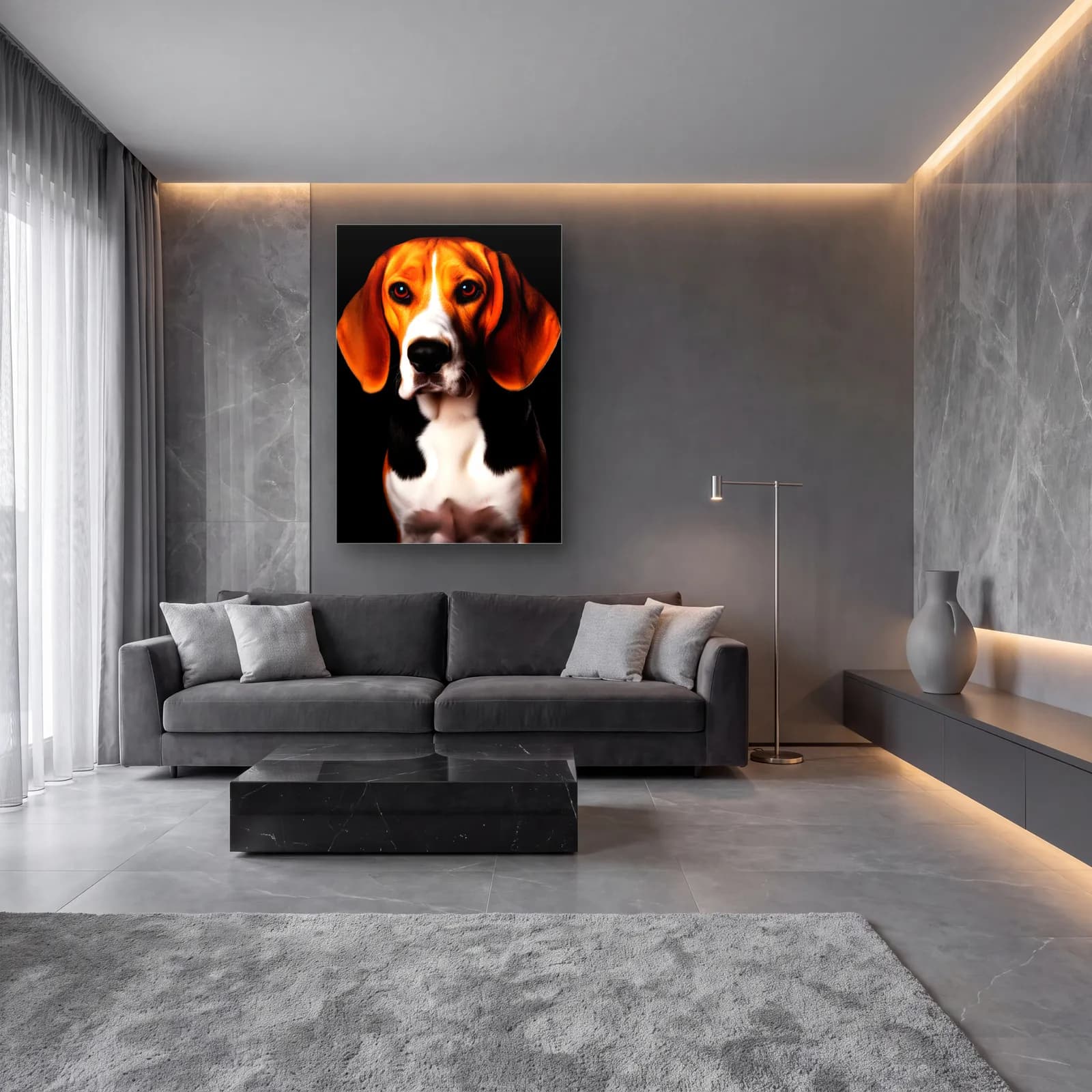 Beagle Köpek Portresi cam tablo — lüks salon duvarında