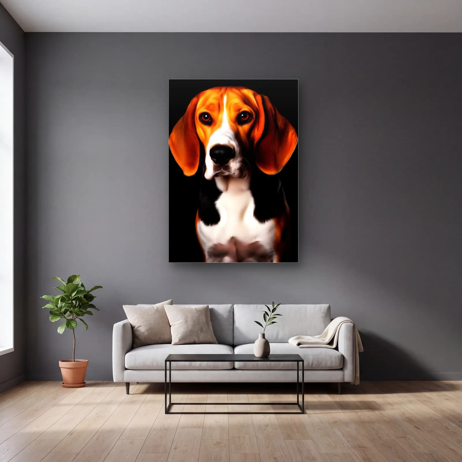 Beagle Köpek Portresi cam tablo — gri duvarlı salonda