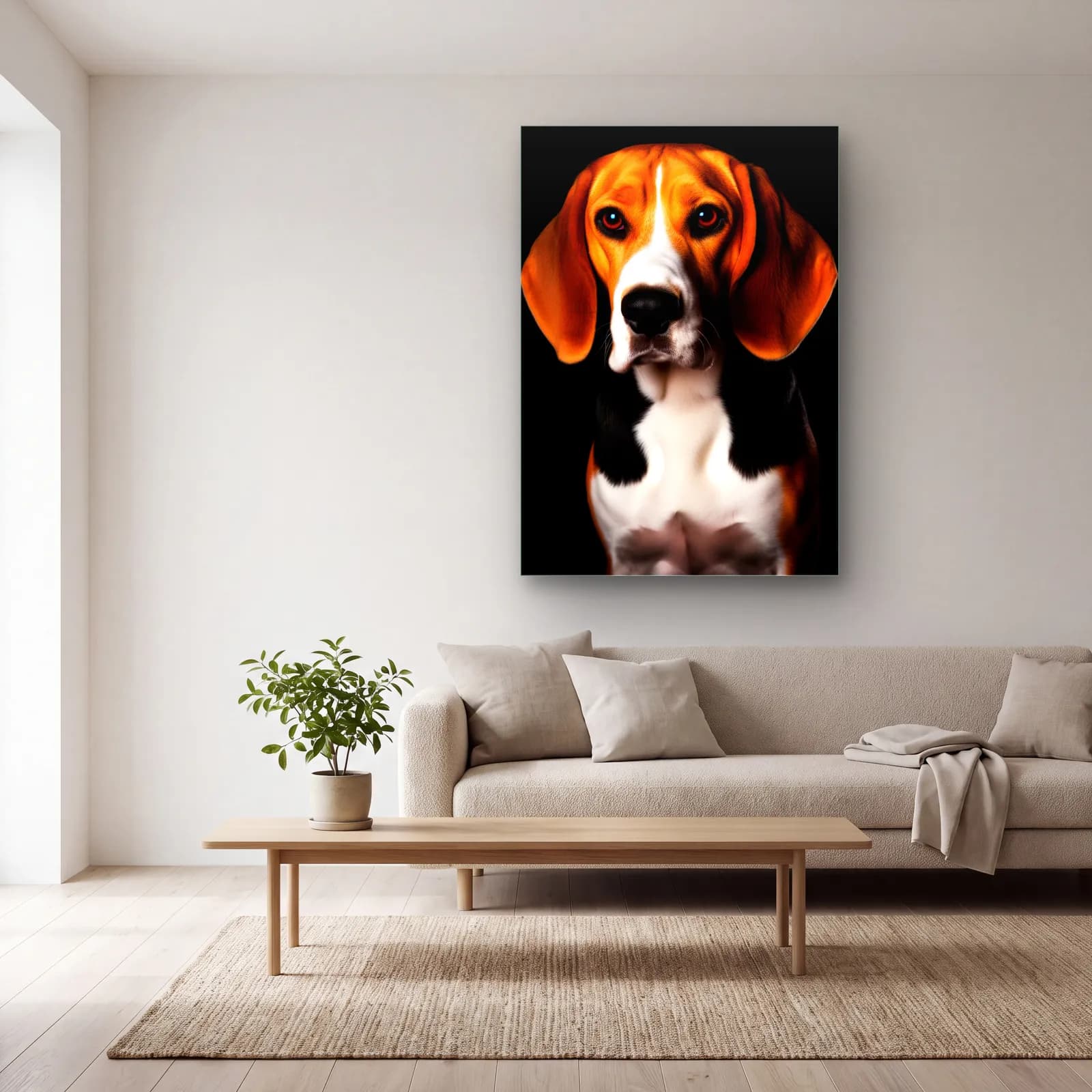 Beagle Köpek Portresi cam tablo — açık renk salonda