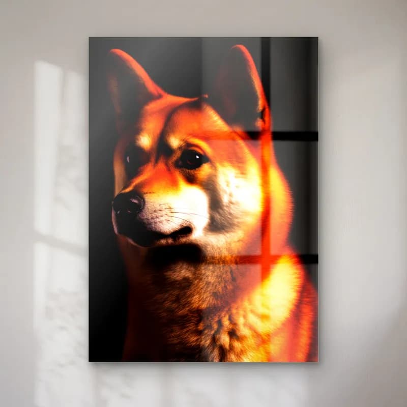 Shiba Inu Portresi cam tablo — Siyah fonda kızıl ve krem tüylü Shiba Inu köpek portresi
