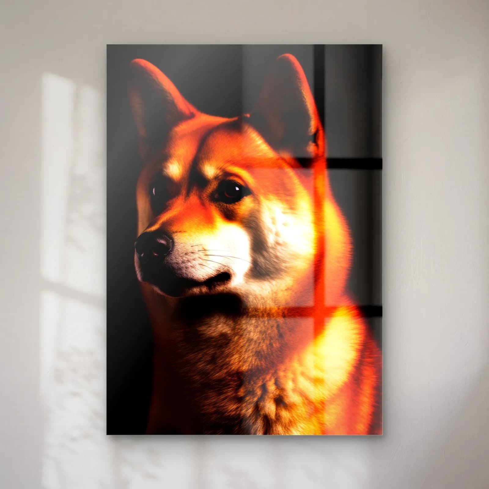 Shiba Inu Portresi cam tablo — Siyah fonda kızıl ve krem tüylü Shiba Inu köpek portresi