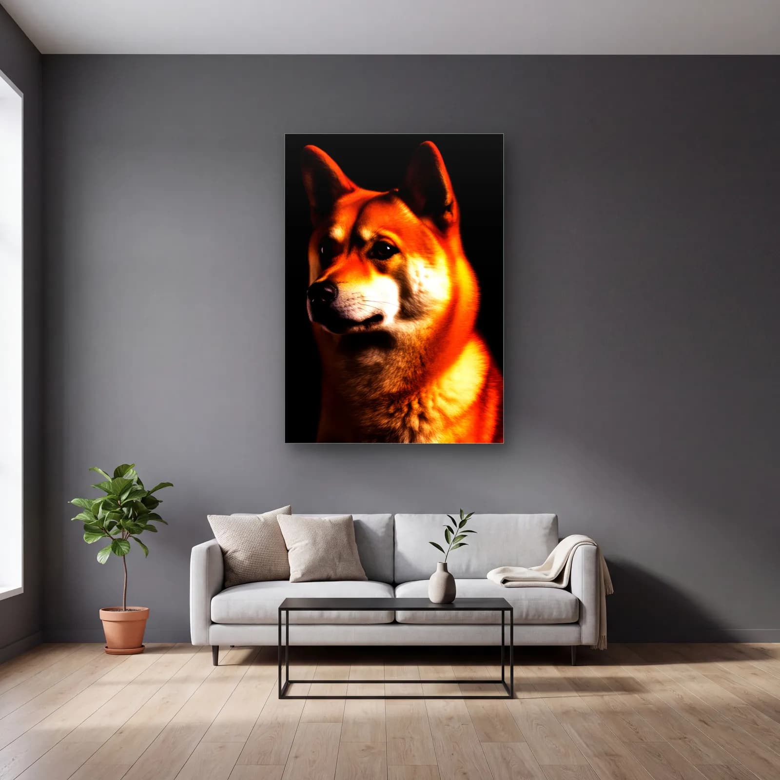 Shiba Inu Portresi cam tablo — gri duvarlı salonda