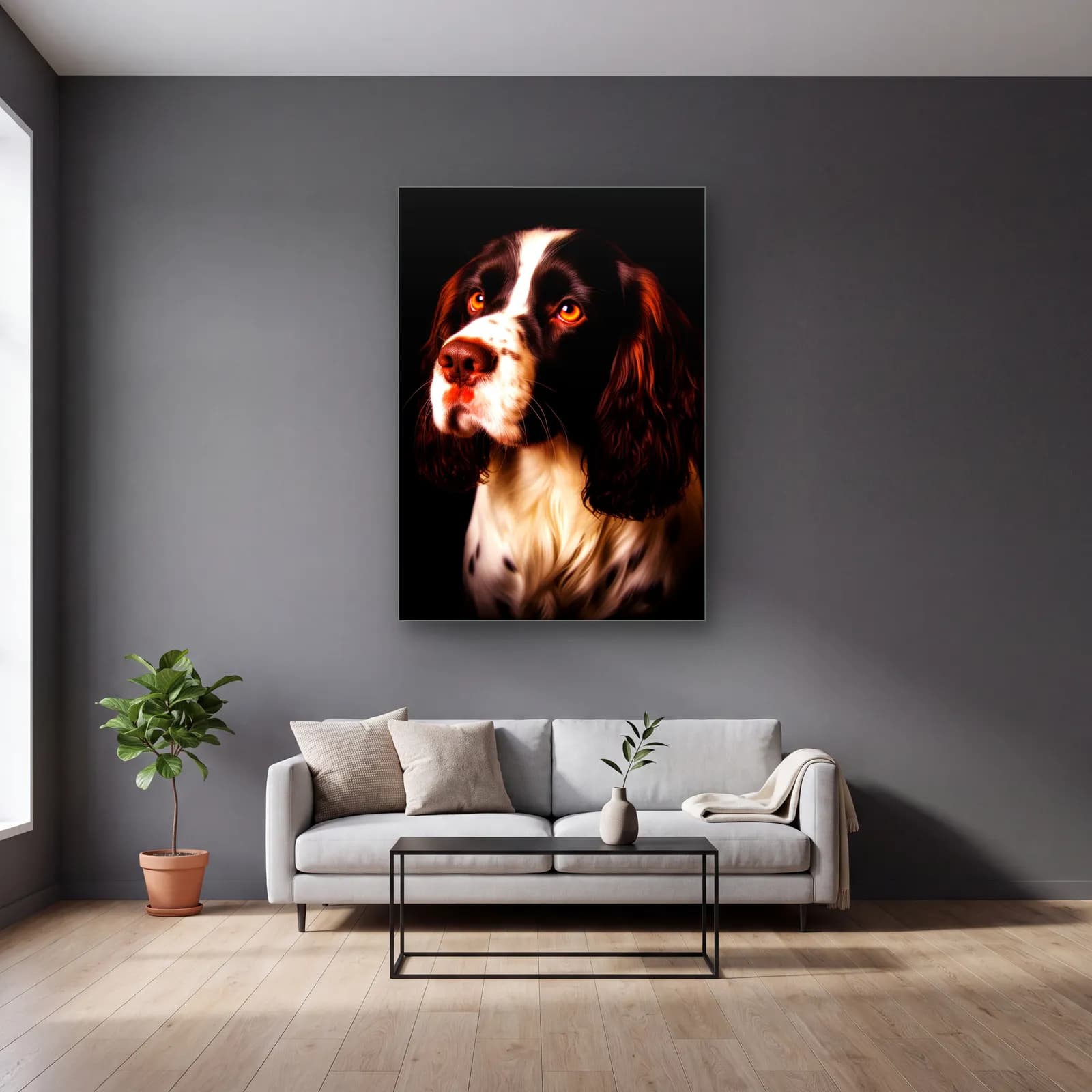 Springer Spaniel Portresi cam tablo — gri duvarlı salonda