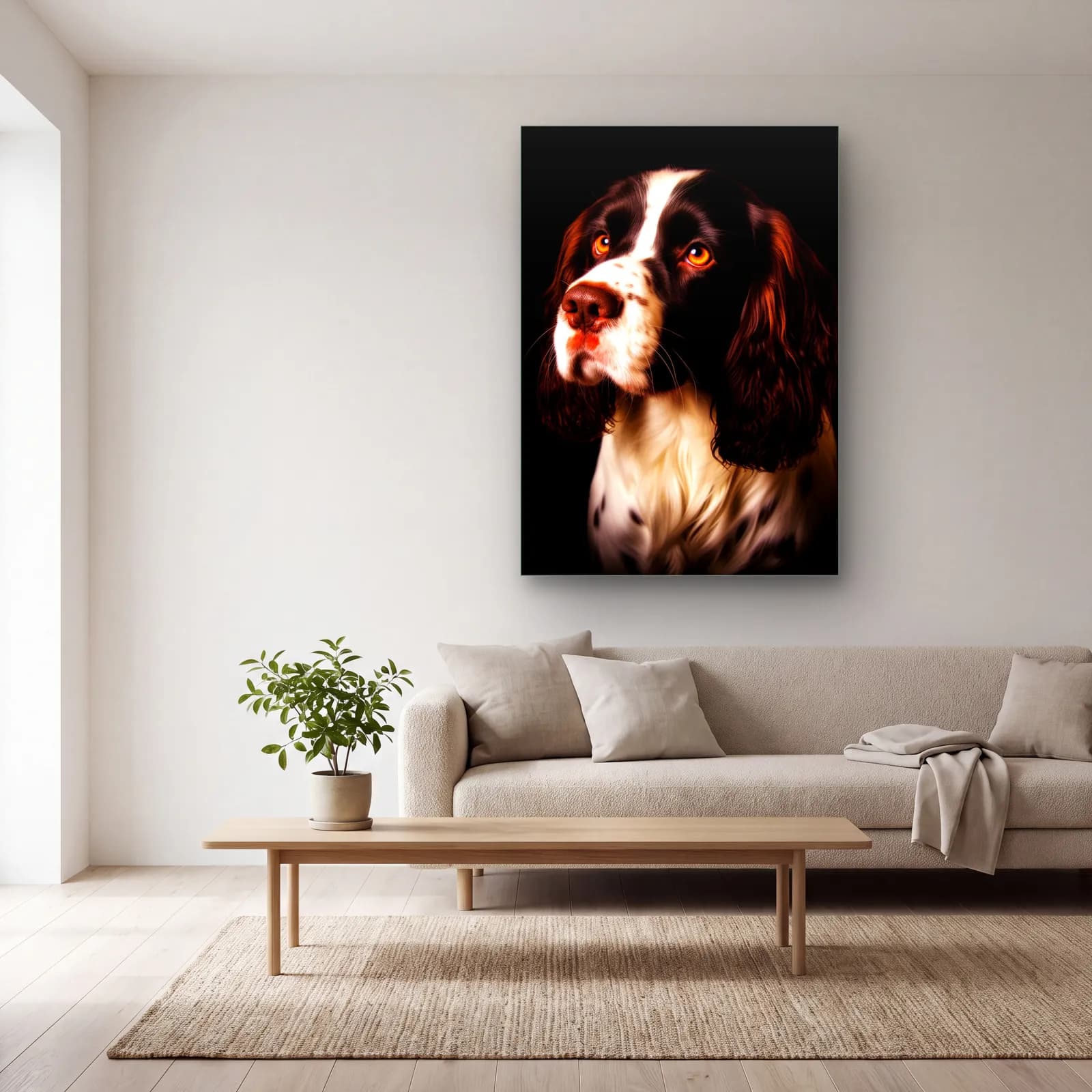 Springer Spaniel Portresi cam tablo — açık renk salonda
