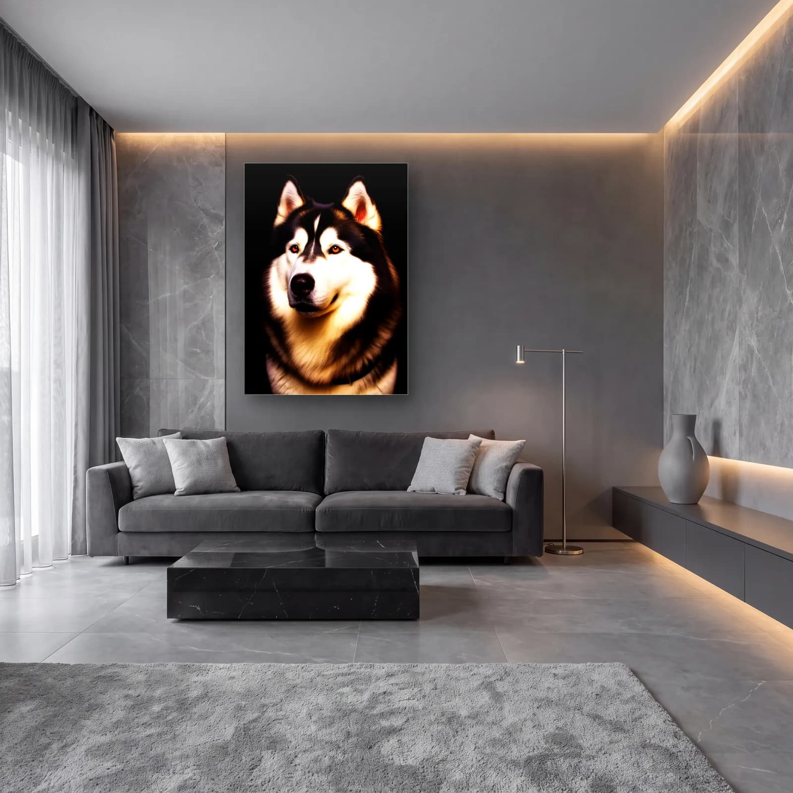 Husky Köpek Portresi cam tablo — lüks salon duvarında