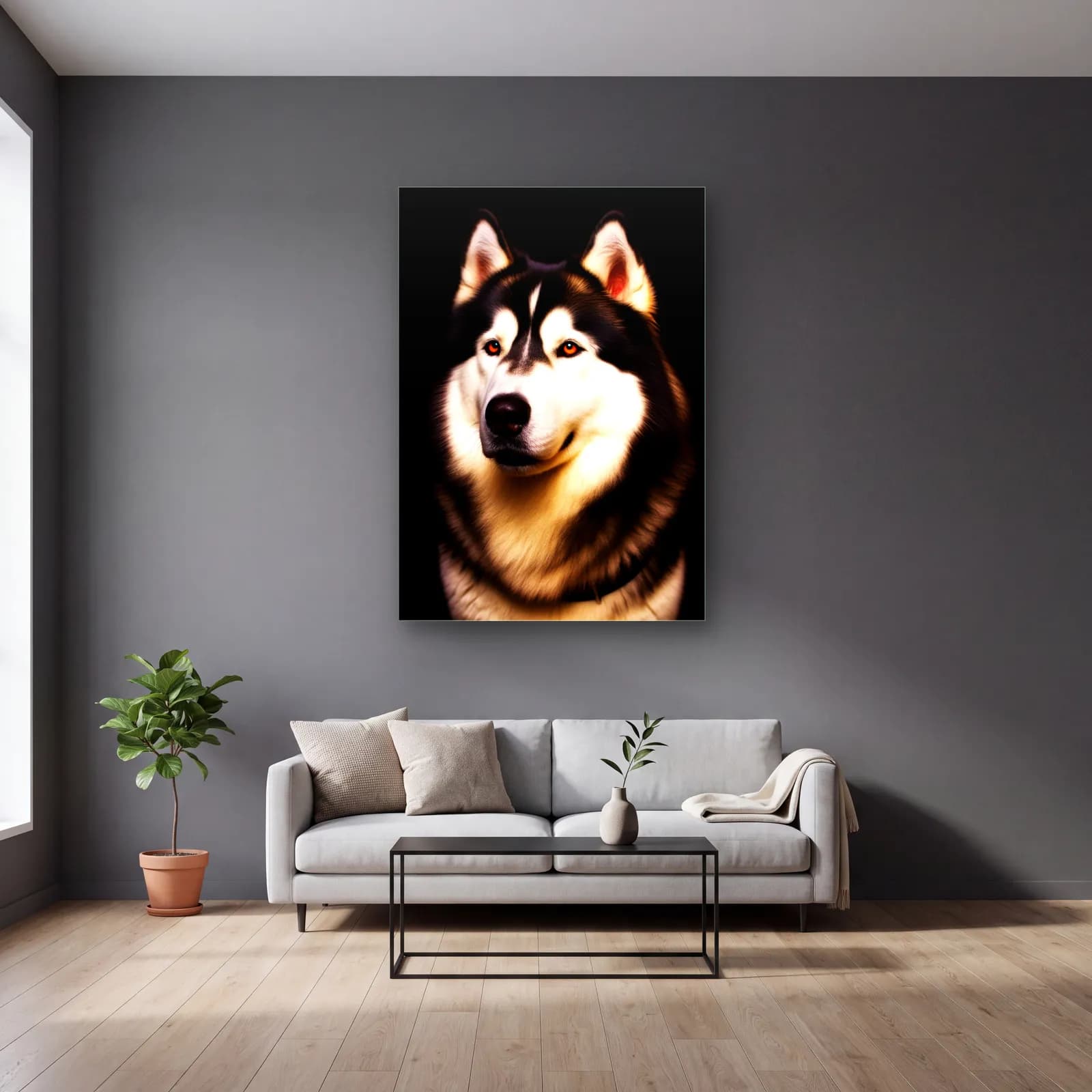 Husky Köpek Portresi cam tablo — gri duvarlı salonda