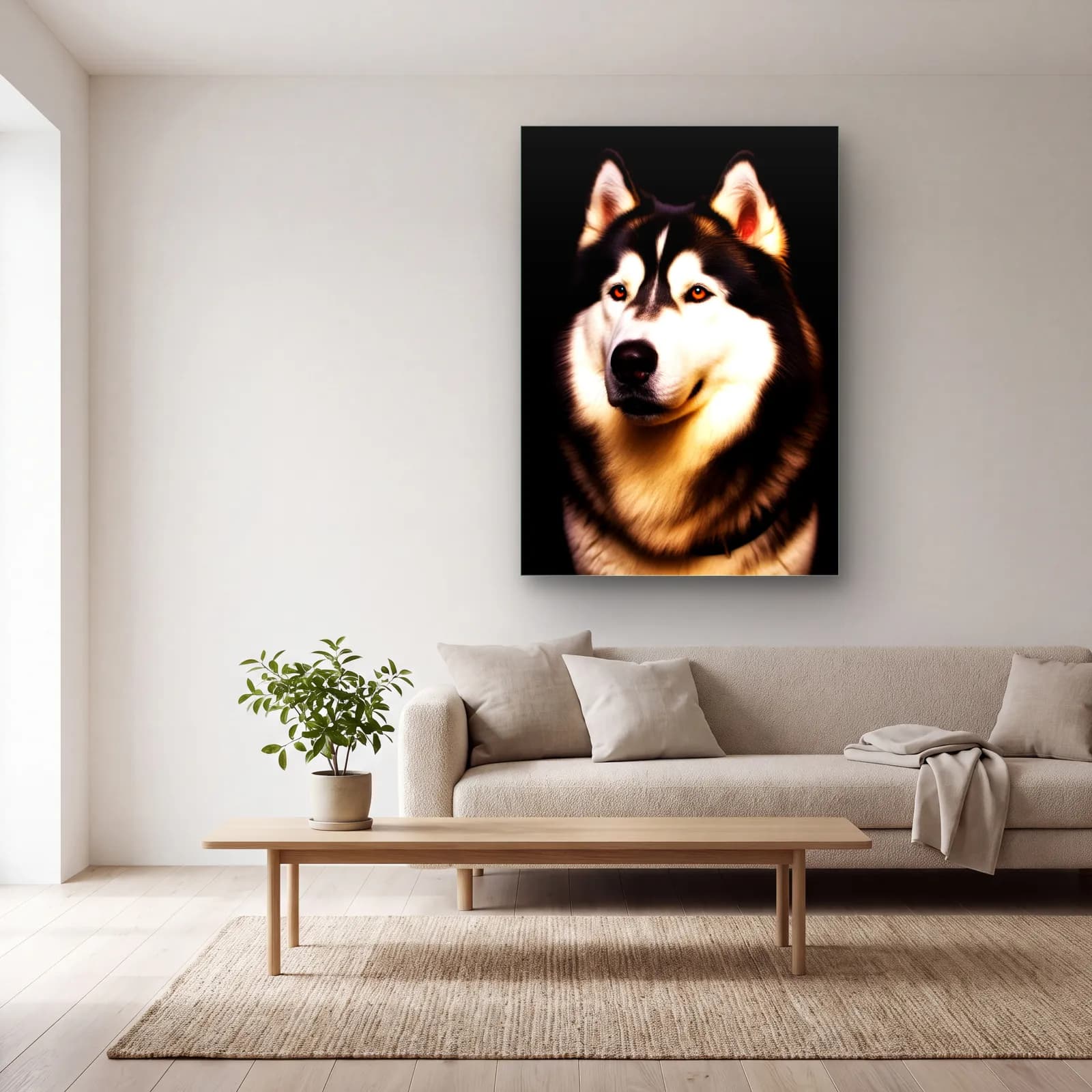 Husky Köpek Portresi cam tablo — açık renk salonda