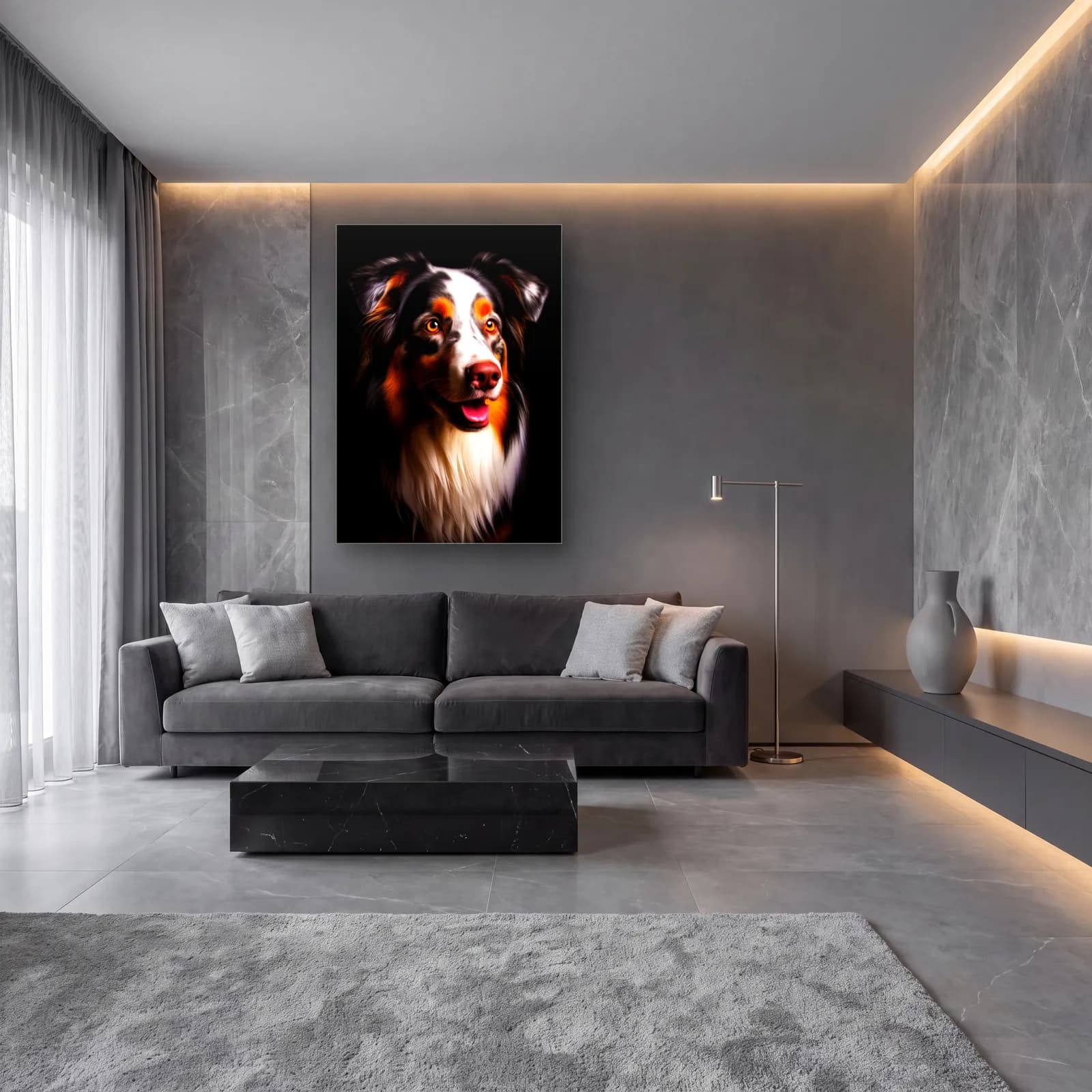 Avustralya Çoban Köpeği Portresi cam tablo — lüks salon duvarında