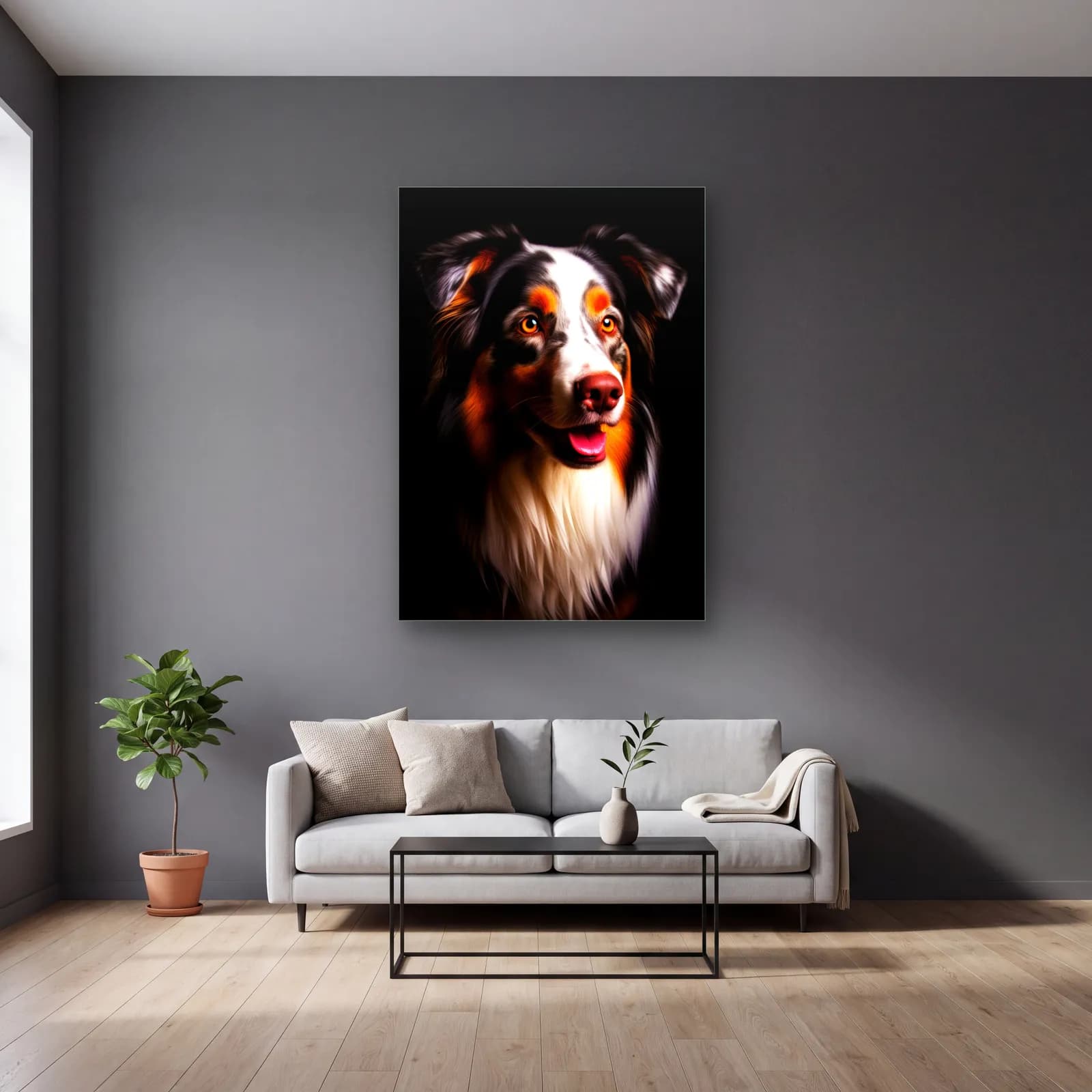 Avustralya Çoban Köpeği Portresi cam tablo — gri duvarlı salonda