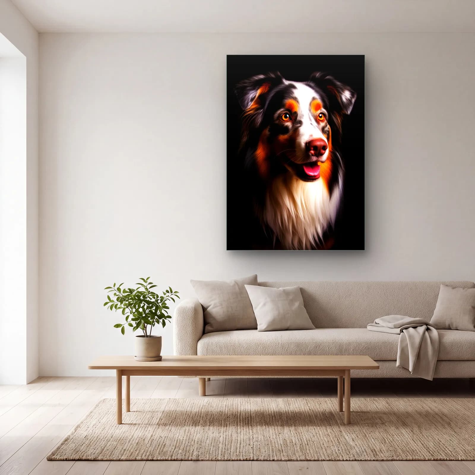 Avustralya Çoban Köpeği Portresi cam tablo — açık renk salonda