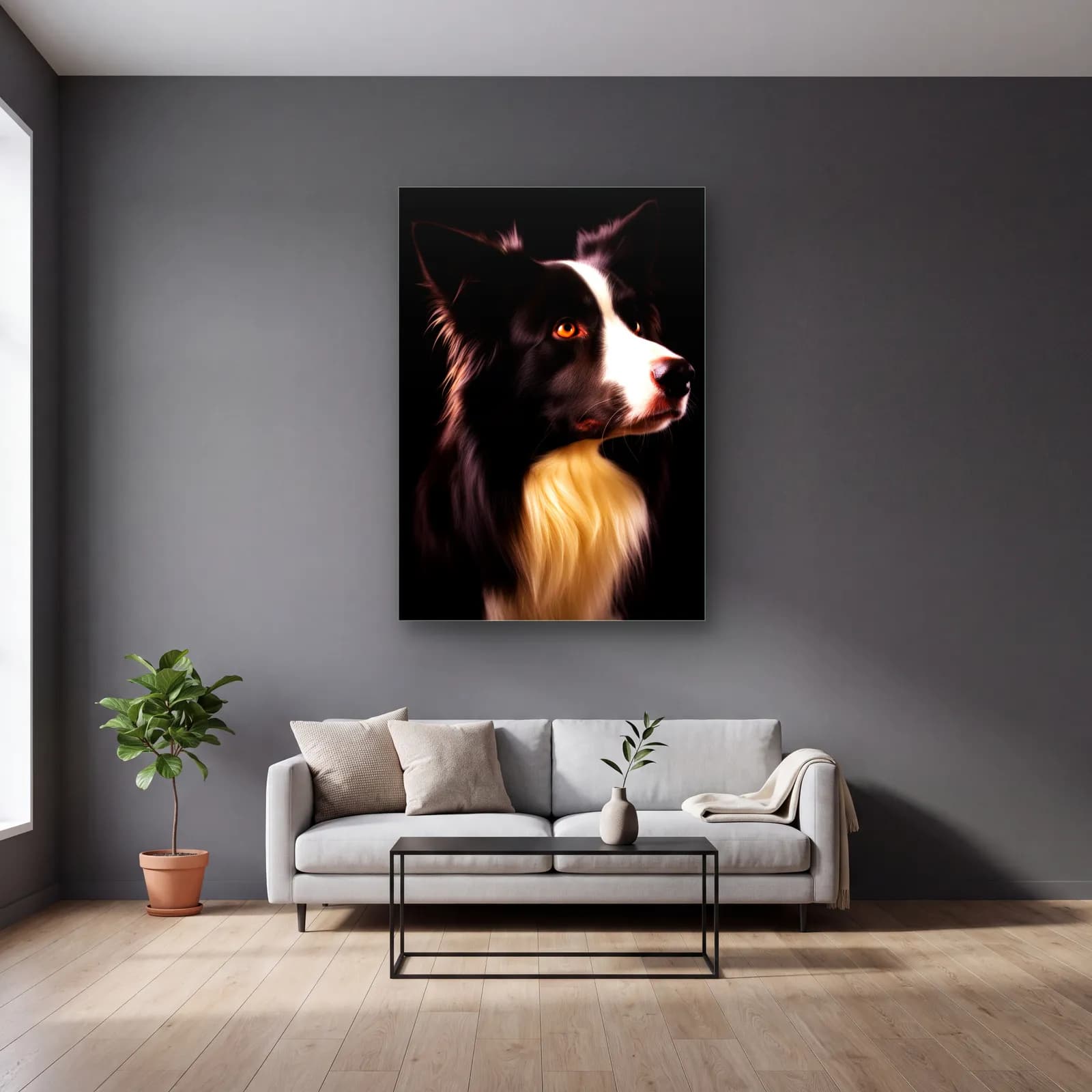 Border Collie Profil Portresi cam tablo — gri duvarlı salonda