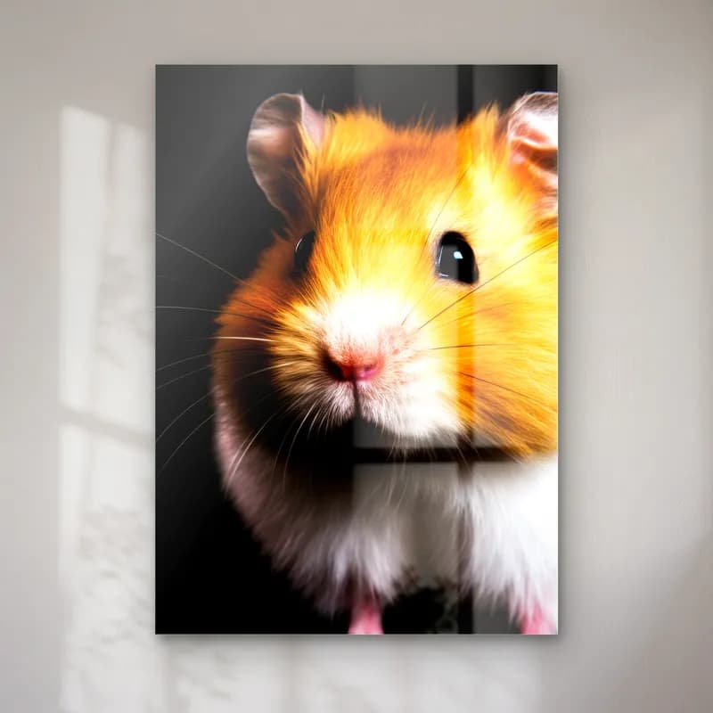 Sarı Hamster Portresi cam tablo — Karanlık fonda tombul yanaklı sarı beyaz hamster