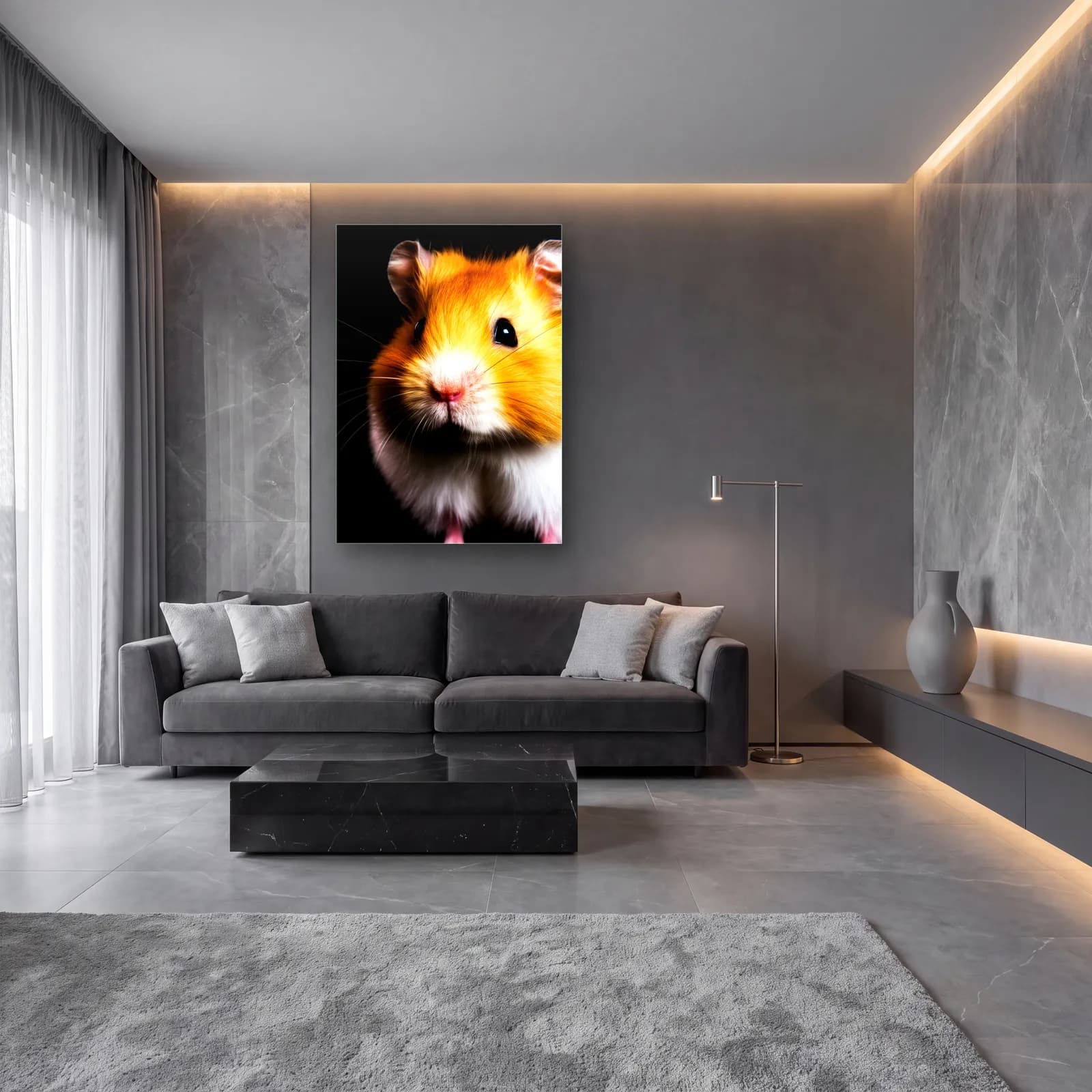 Sarı Hamster Portresi cam tablo — lüks salon duvarında