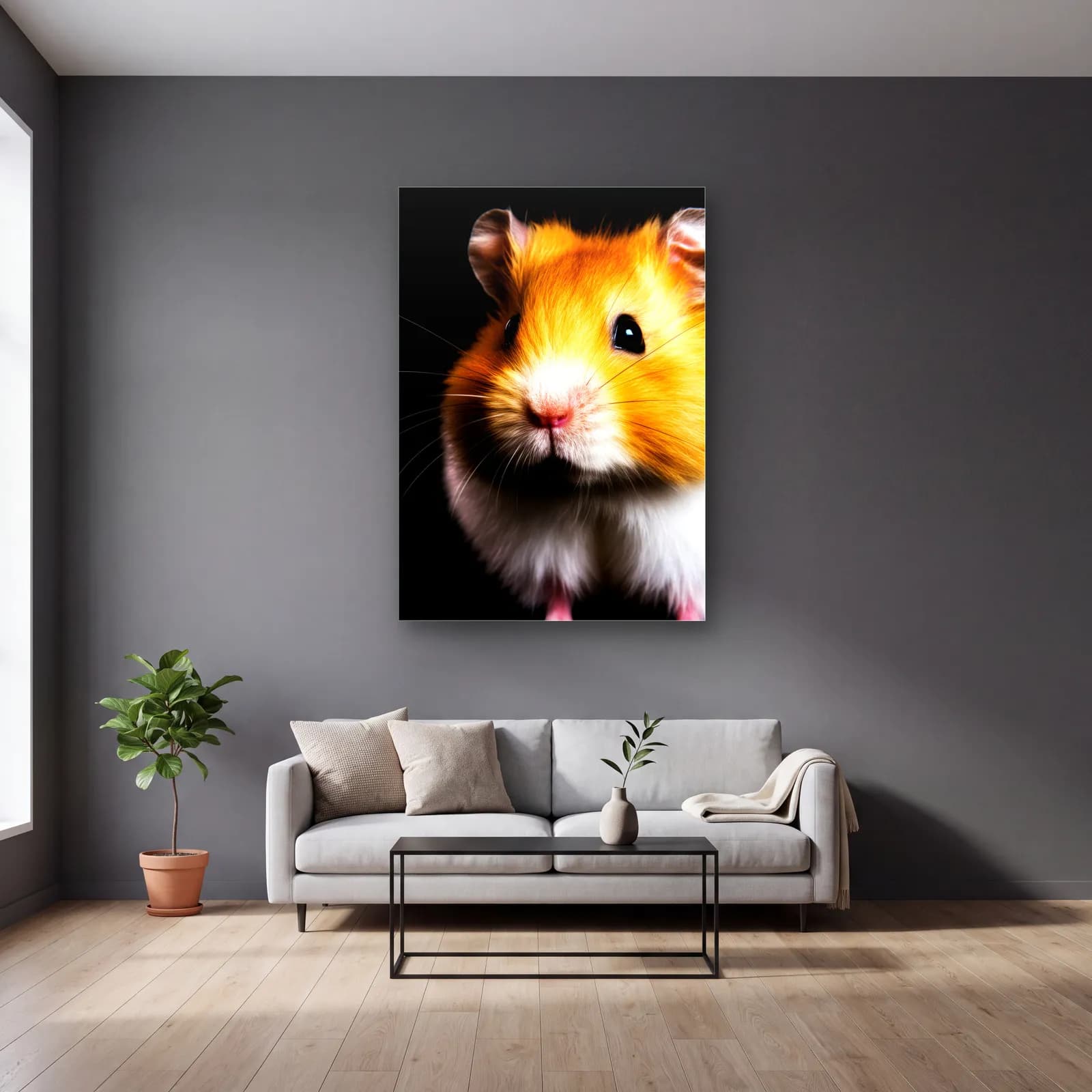 Sarı Hamster Portresi cam tablo — gri duvarlı salonda