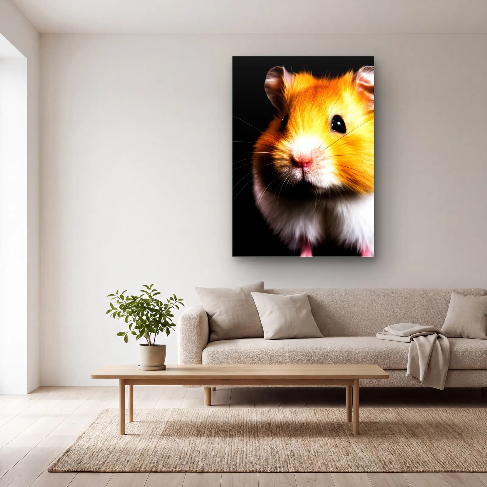 Sarı Hamster Portresi cam tablo — açık renk salonda