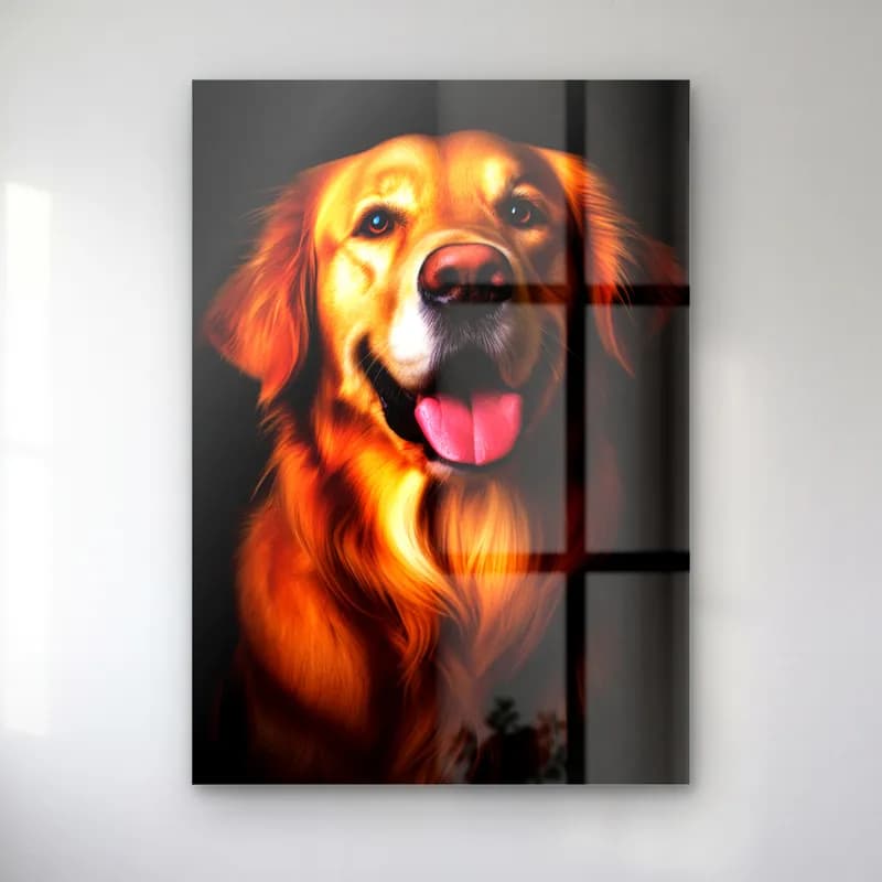Golden Retriever Portresi cam tablo — Siyah fonda dili dışarıda gülümseyen golden retriever