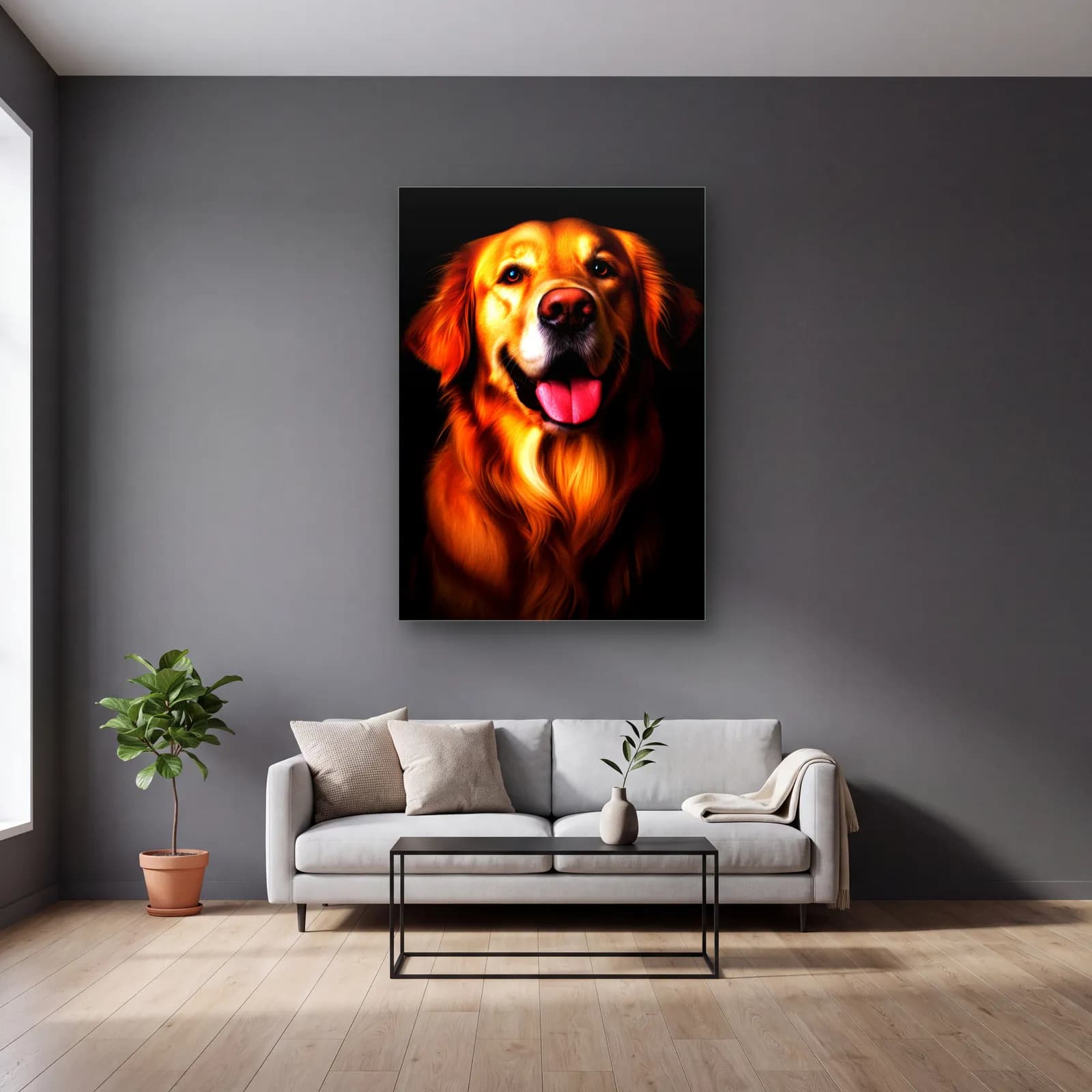 Golden Retriever Portresi cam tablo — gri duvarlı salonda
