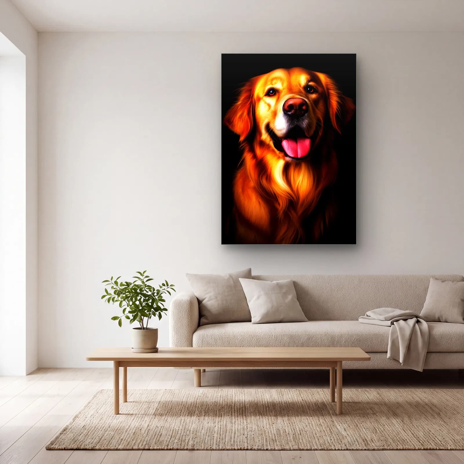Golden Retriever Portresi cam tablo — açık renk salonda
