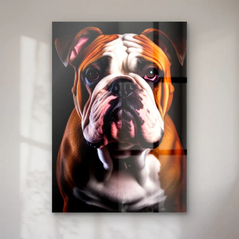 İngiliz Bulldog Portresi cam tablo — Karanlık fonda cepheden bakan kahverengi beyaz İngiliz bulldog