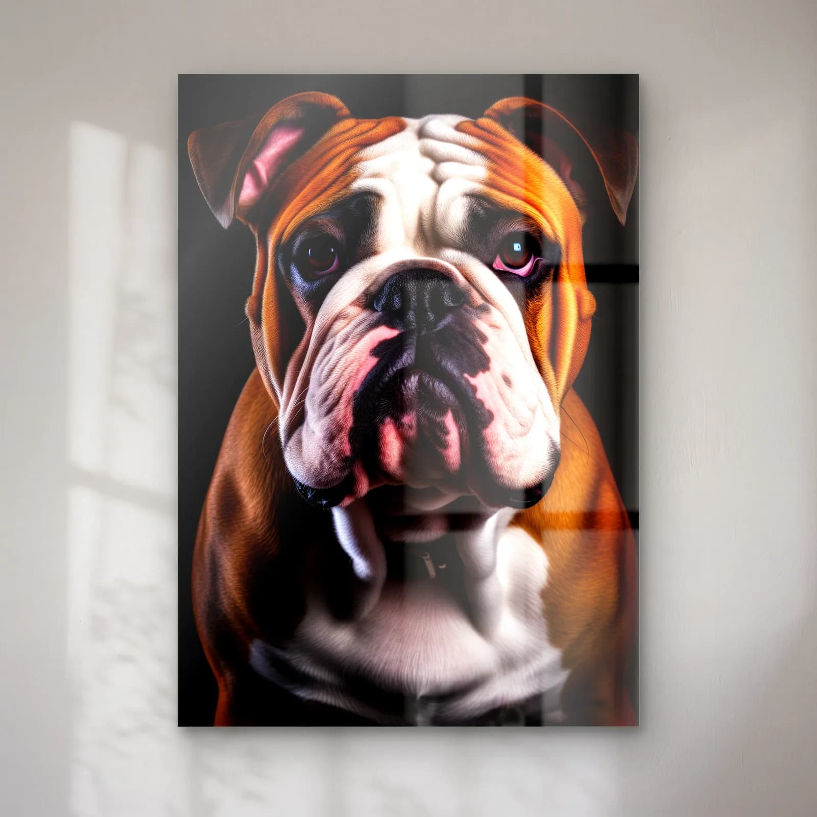İngiliz Bulldog Portresi cam tablo — Karanlık fonda cepheden bakan kahverengi beyaz İngiliz bulldog