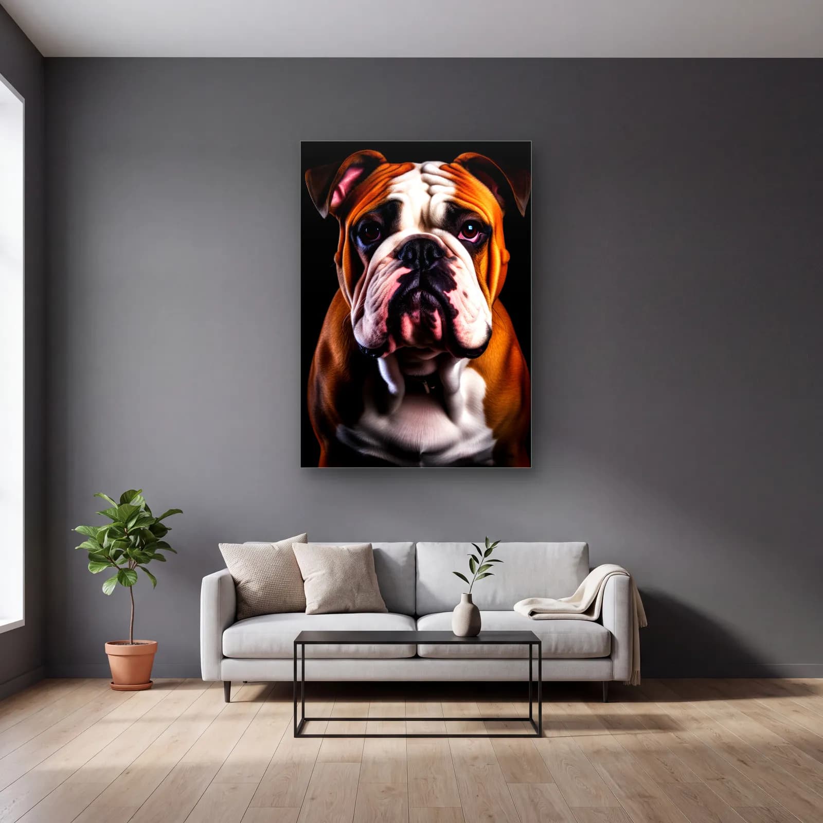 İngiliz Bulldog Portresi cam tablo — gri duvarlı salonda