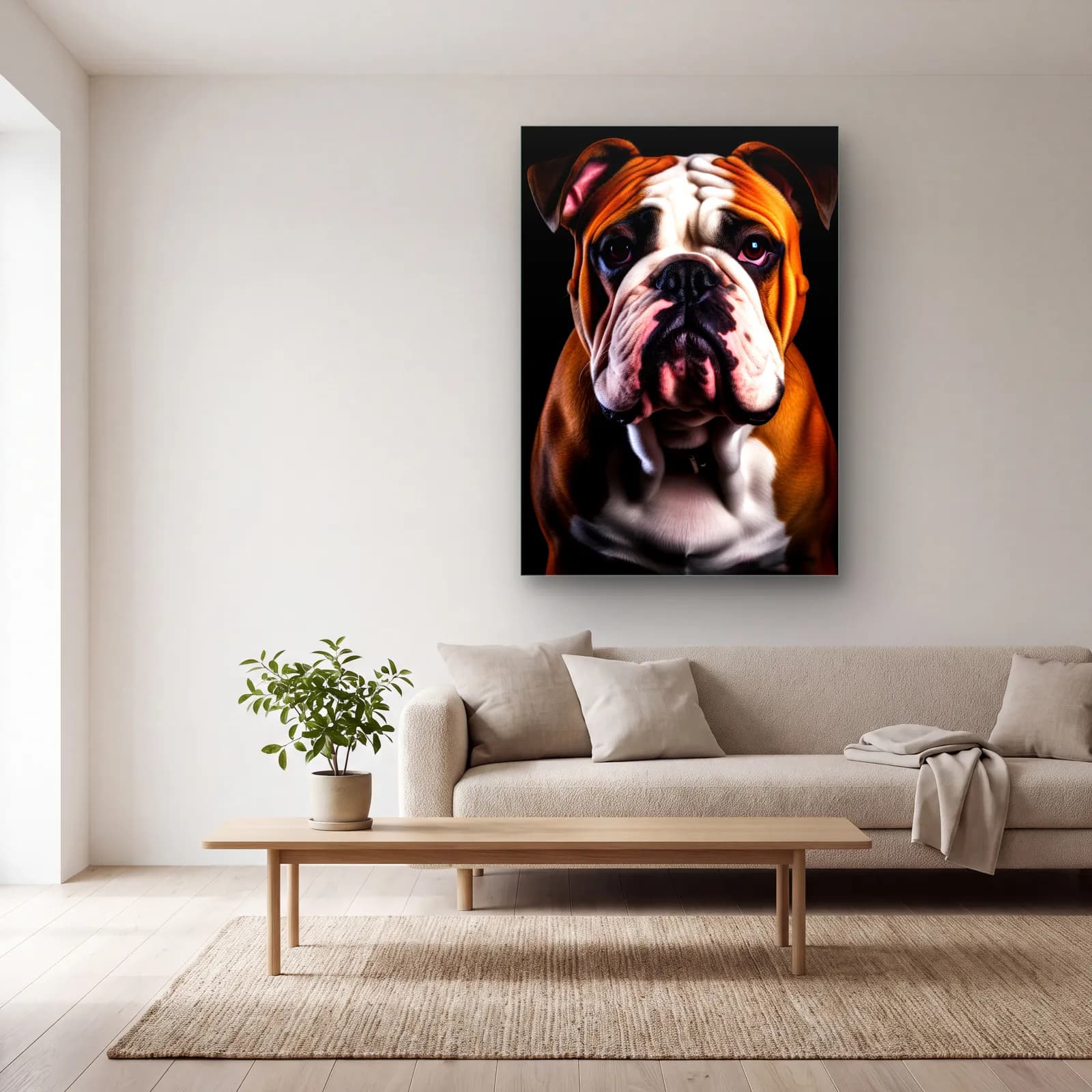 İngiliz Bulldog Portresi cam tablo — açık renk salonda