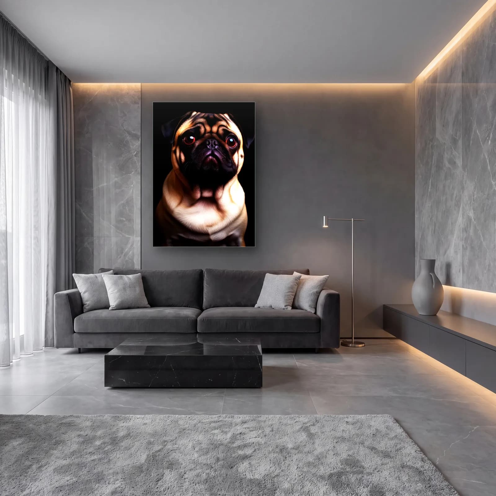 Pug Köpek Portresi cam tablo — lüks salon duvarında