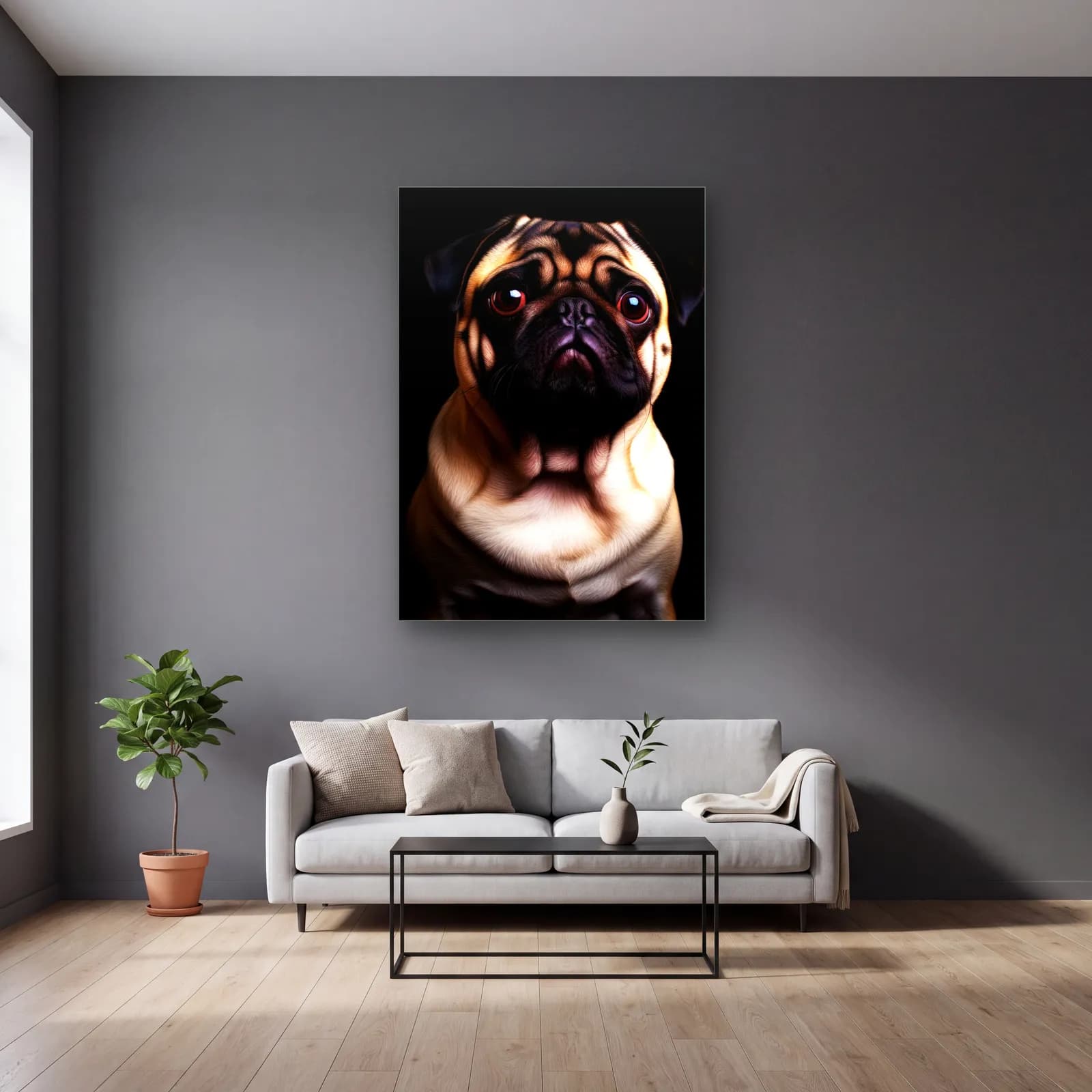 Pug Köpek Portresi cam tablo — gri duvarlı salonda