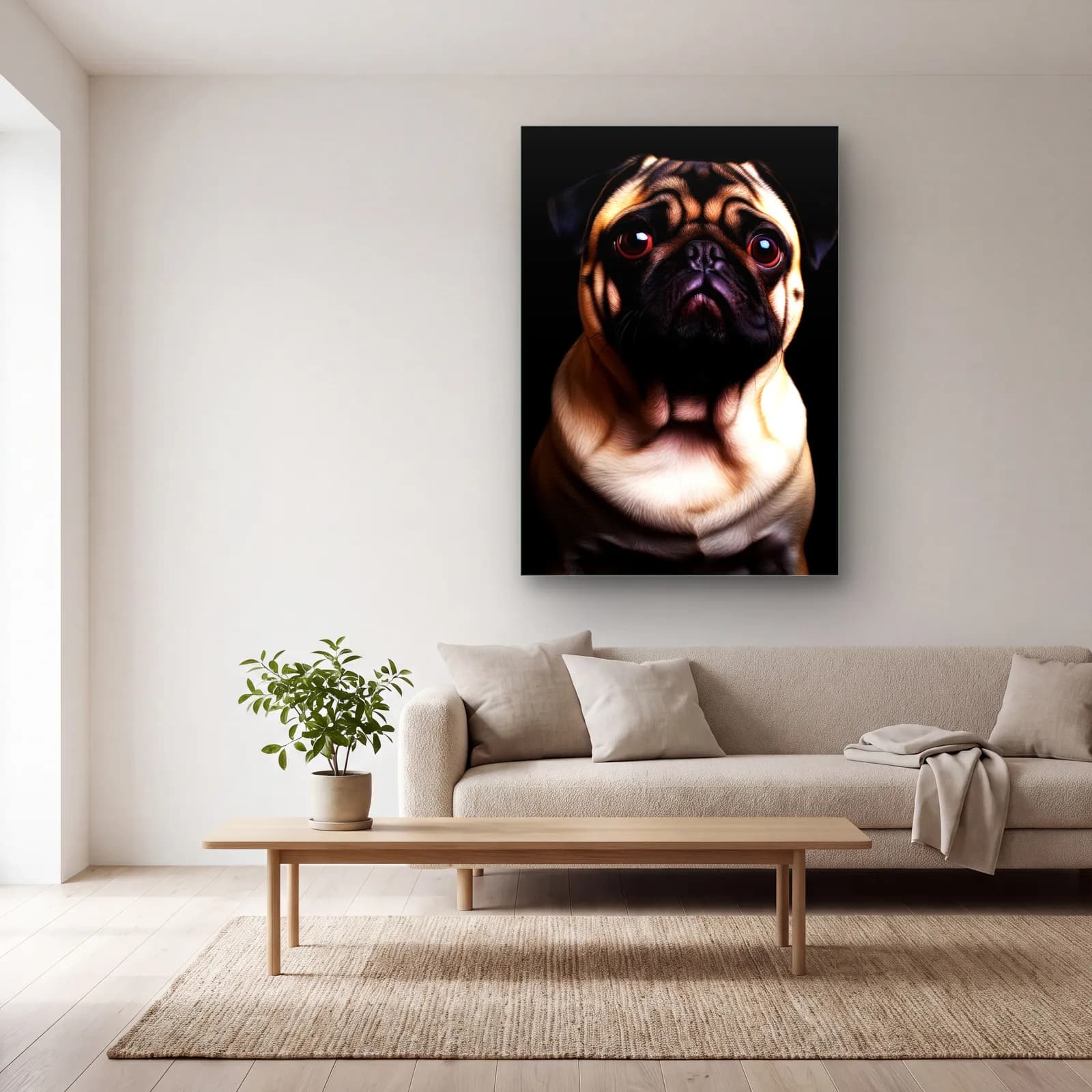 Pug Köpek Portresi cam tablo — açık renk salonda
