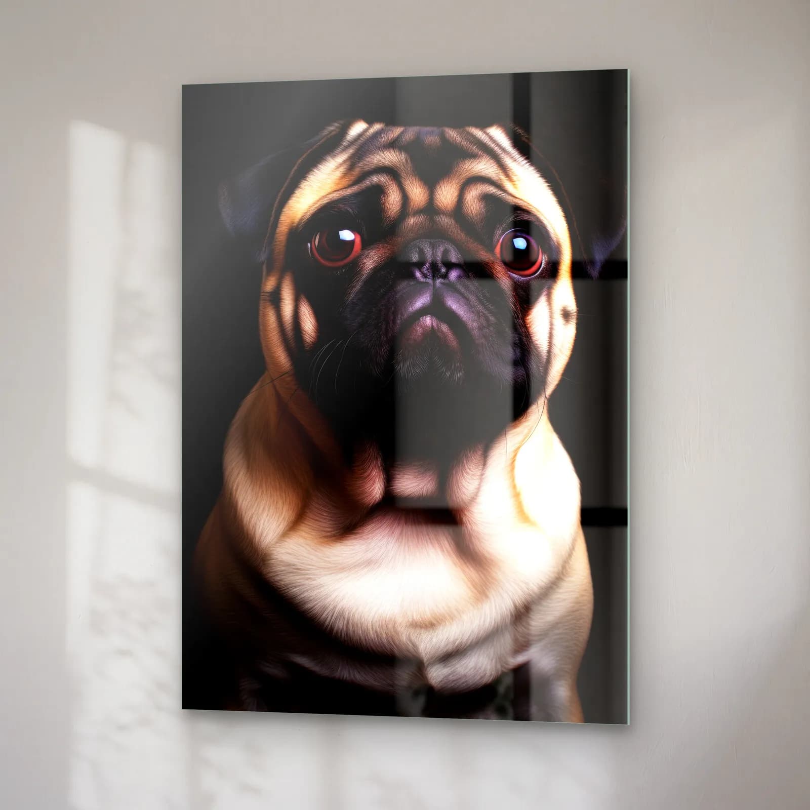 Pug Köpek Portresi cam tablo — sağ açıdan görünüm