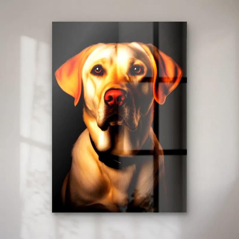 Sarı Labrador Portresi cam tablo — Karanlık fonda tasmalı sarı labrador köpek portresi