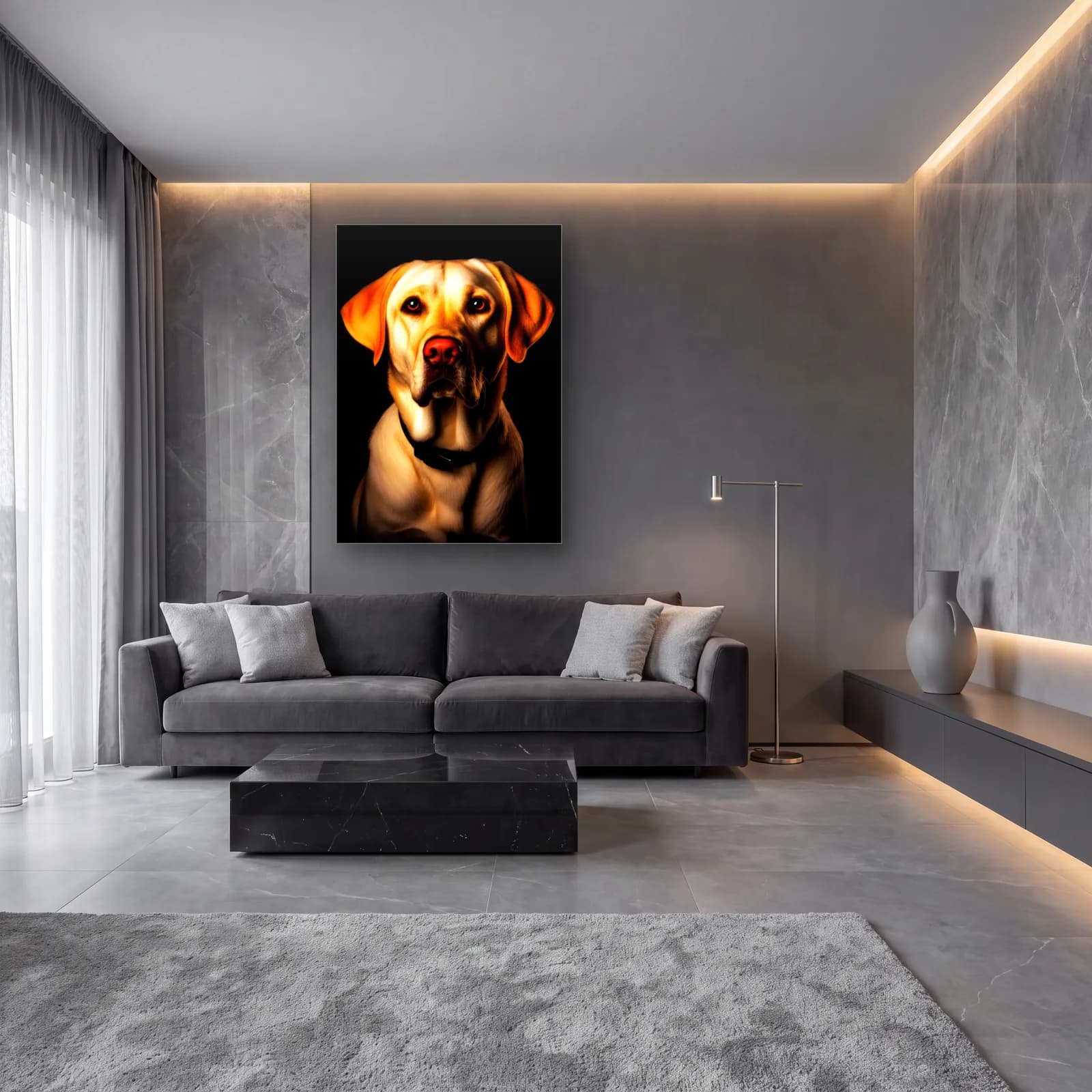 Sarı Labrador Portresi cam tablo — lüks salon duvarında