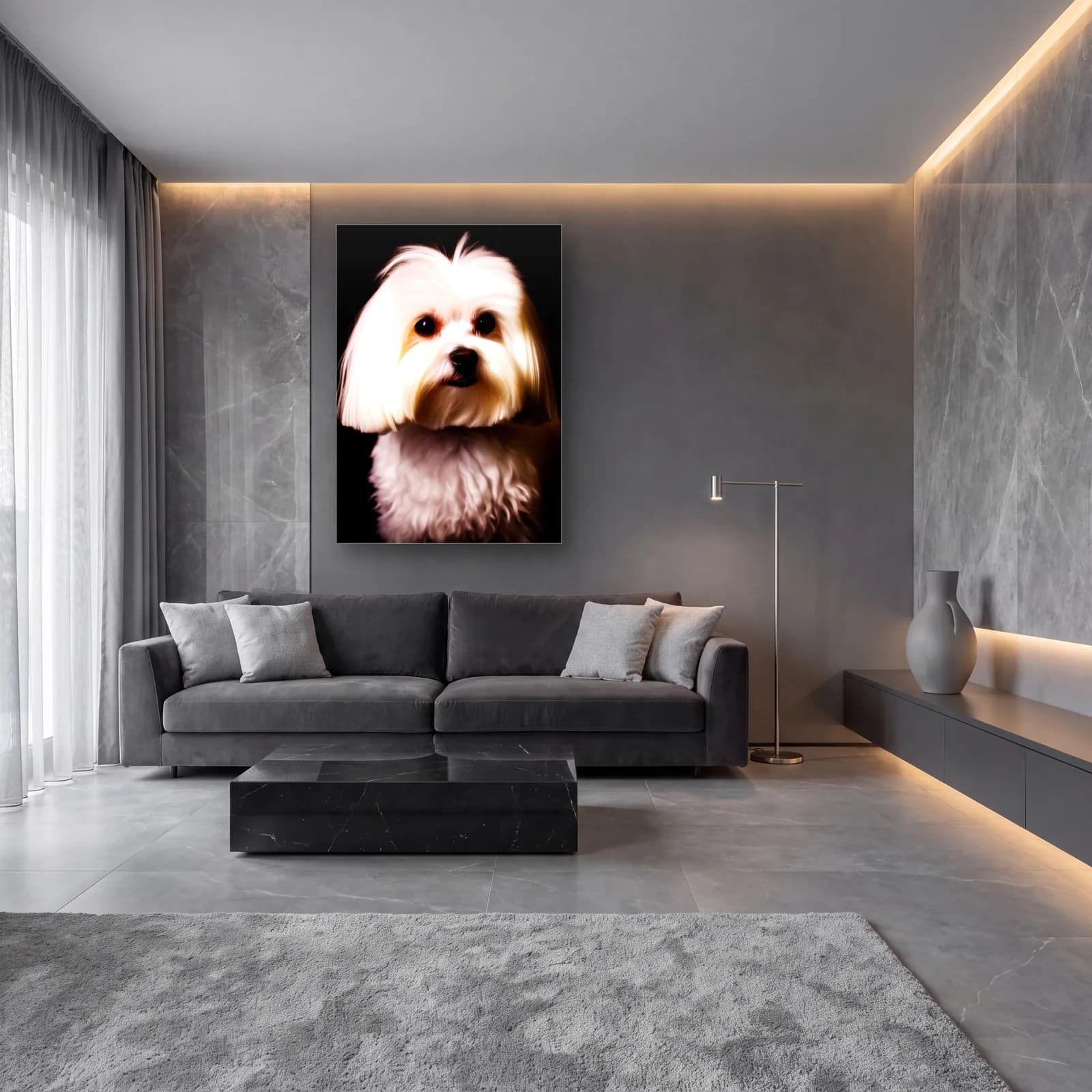 Beyaz Maltız Köpek Portresi cam tablo — lüks salon duvarında