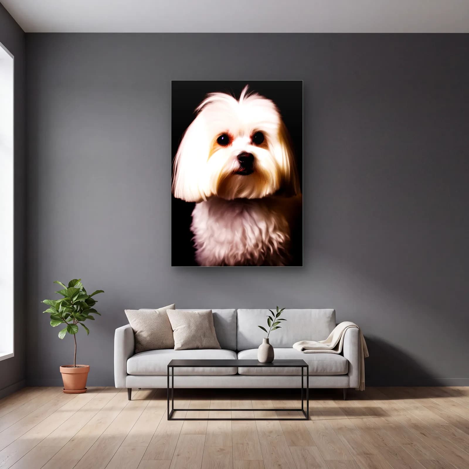Beyaz Maltız Köpek Portresi cam tablo — gri duvarlı salonda